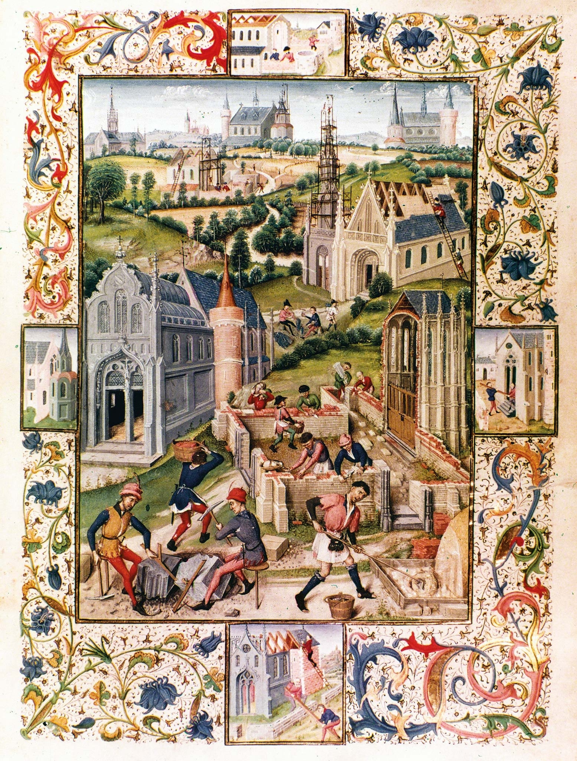 A 15th-century miniature shows the many stages of raising a cathedral.