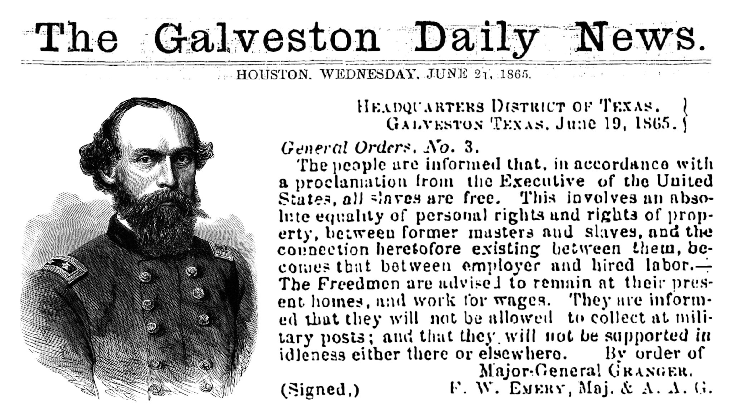 The 'Galveston Daily News' reported of the end of slavery in Texas in June 1865.
