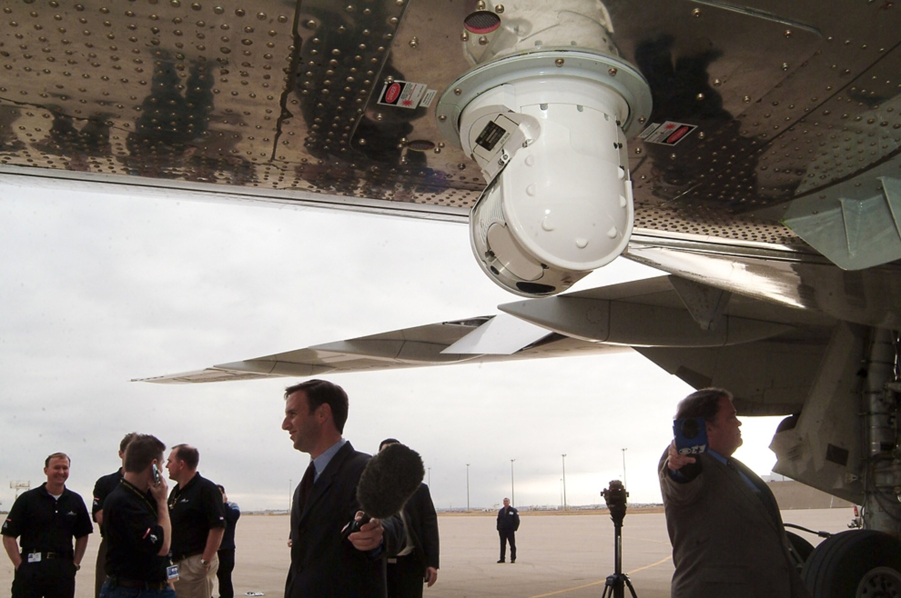 A MANPADS jamming system is seen on a retired Boeing 767.