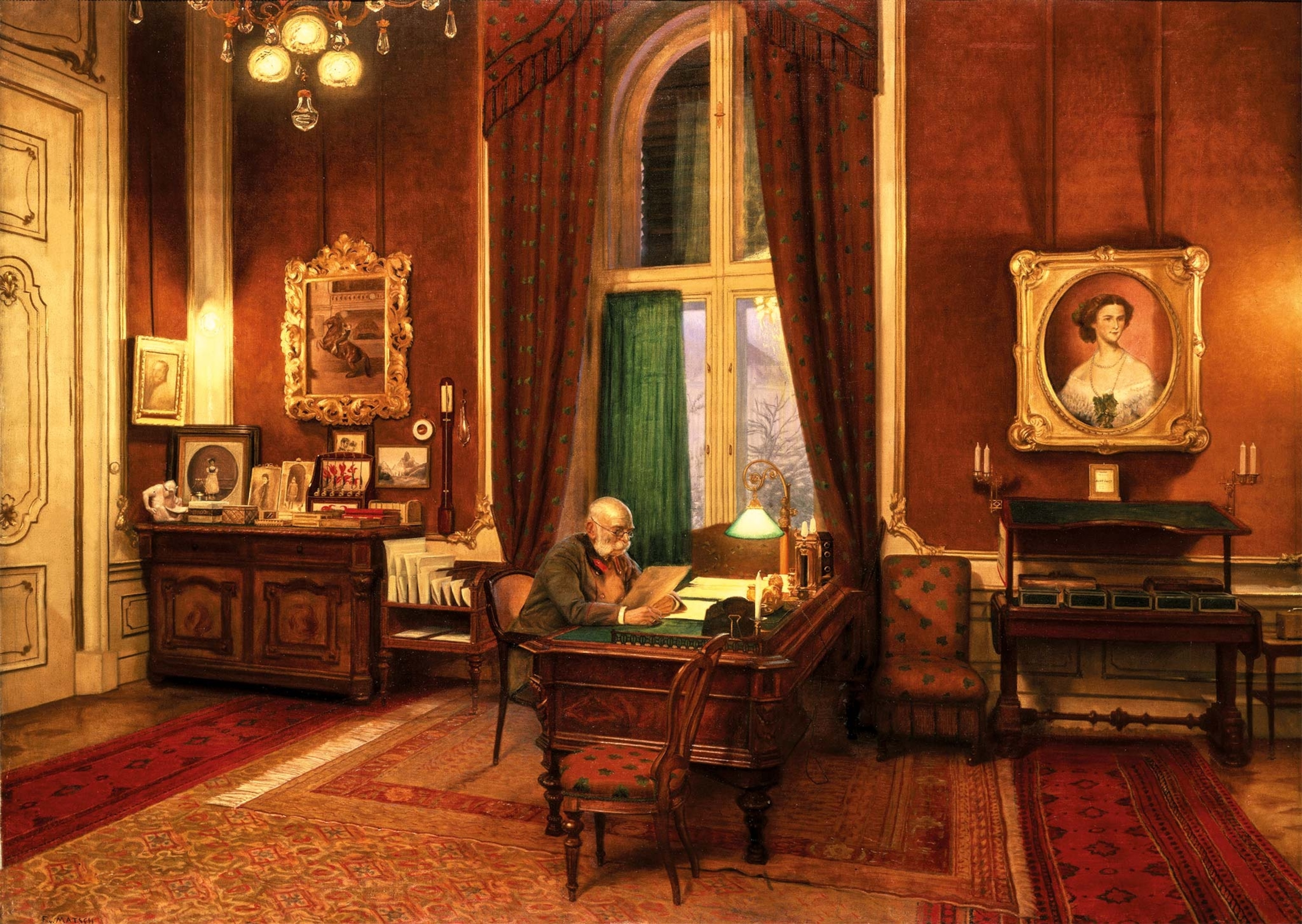 Depicted here in an oil painting by Franz von Matsch in his study in Schönbrunn, the emperor deals with affairs of state. A portrait of his wife Sisi dominates the room.