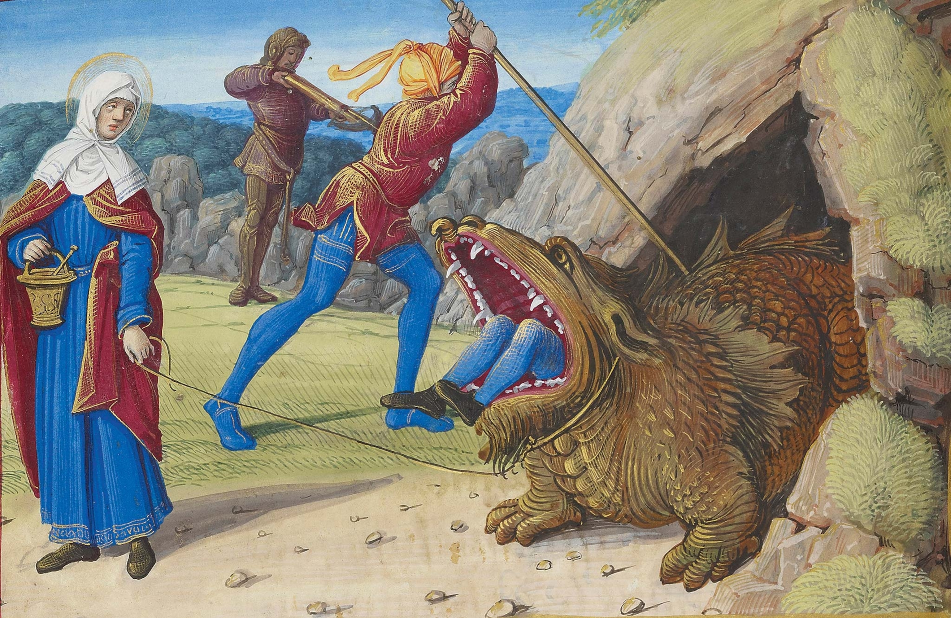 A woman holds a leash around the neck of a roaring dragon