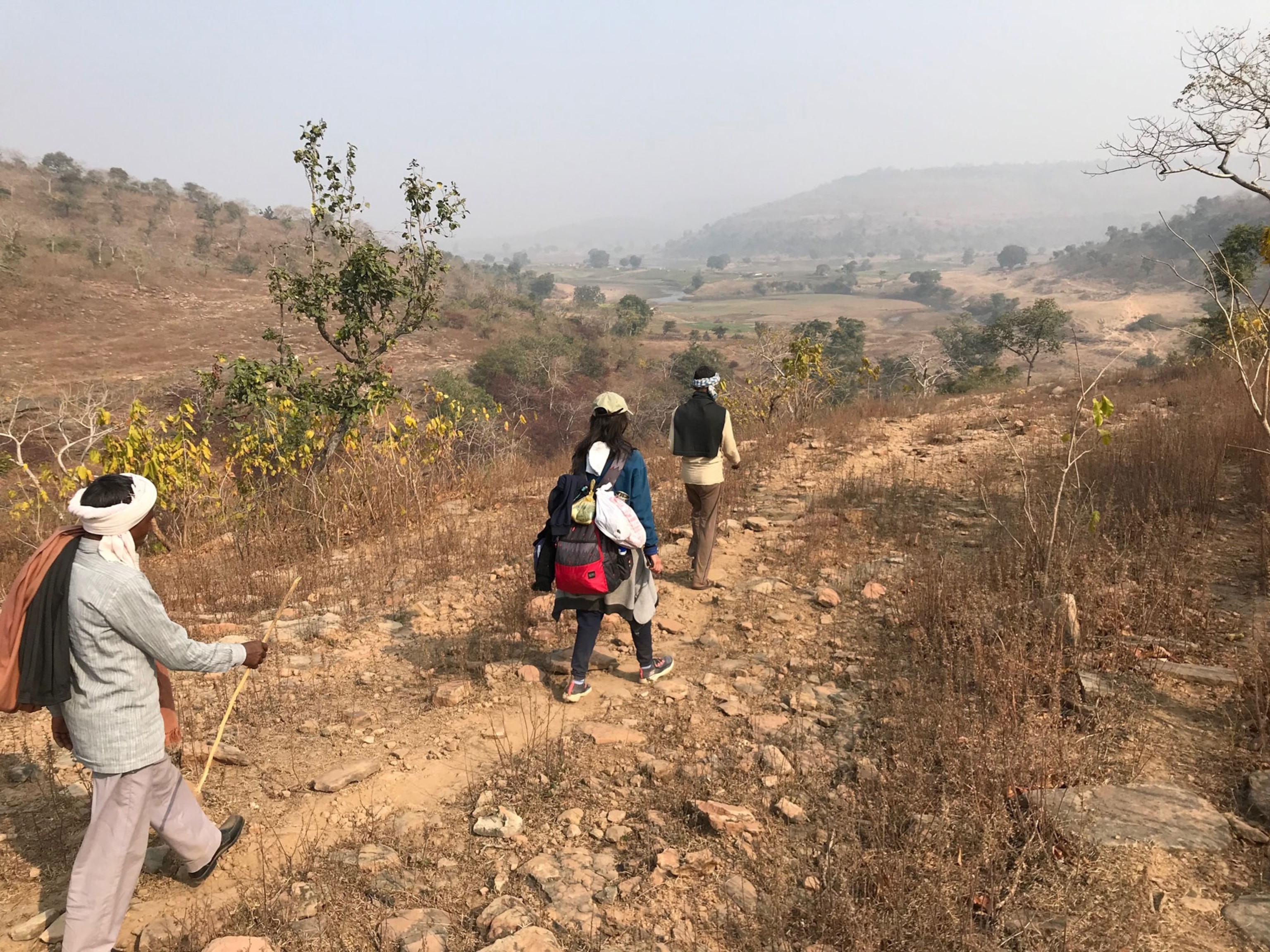 Three people walk in the wilderness in India