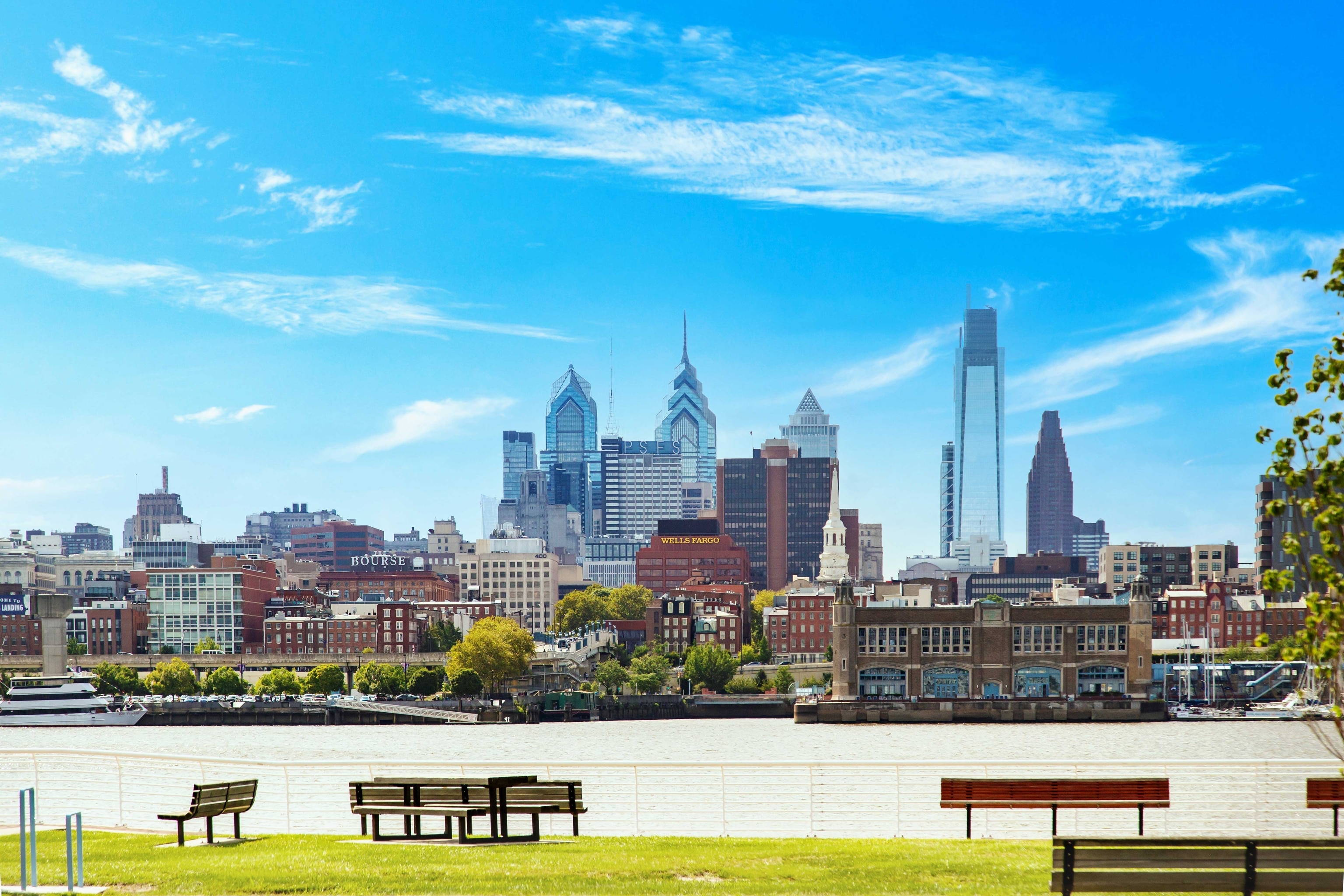 Philadelphia's skyline with the Schuylkill River in the foreground.