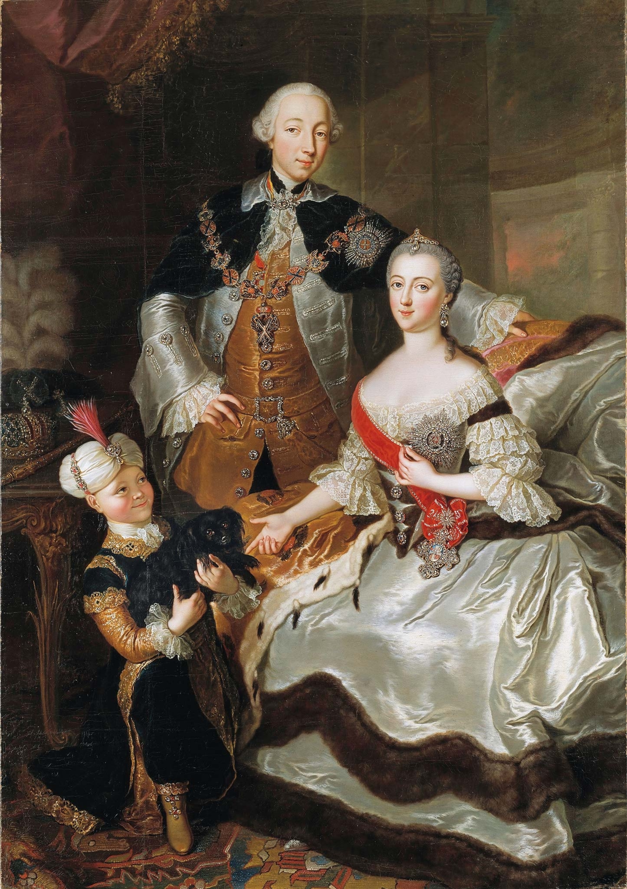 German artist Anna Rosina Lisiewska composed a formal portrait in 1756 of the Russian royal family: future tsar Peter III, Catherine II, and a young Paul (whom some scholars identify as a page).