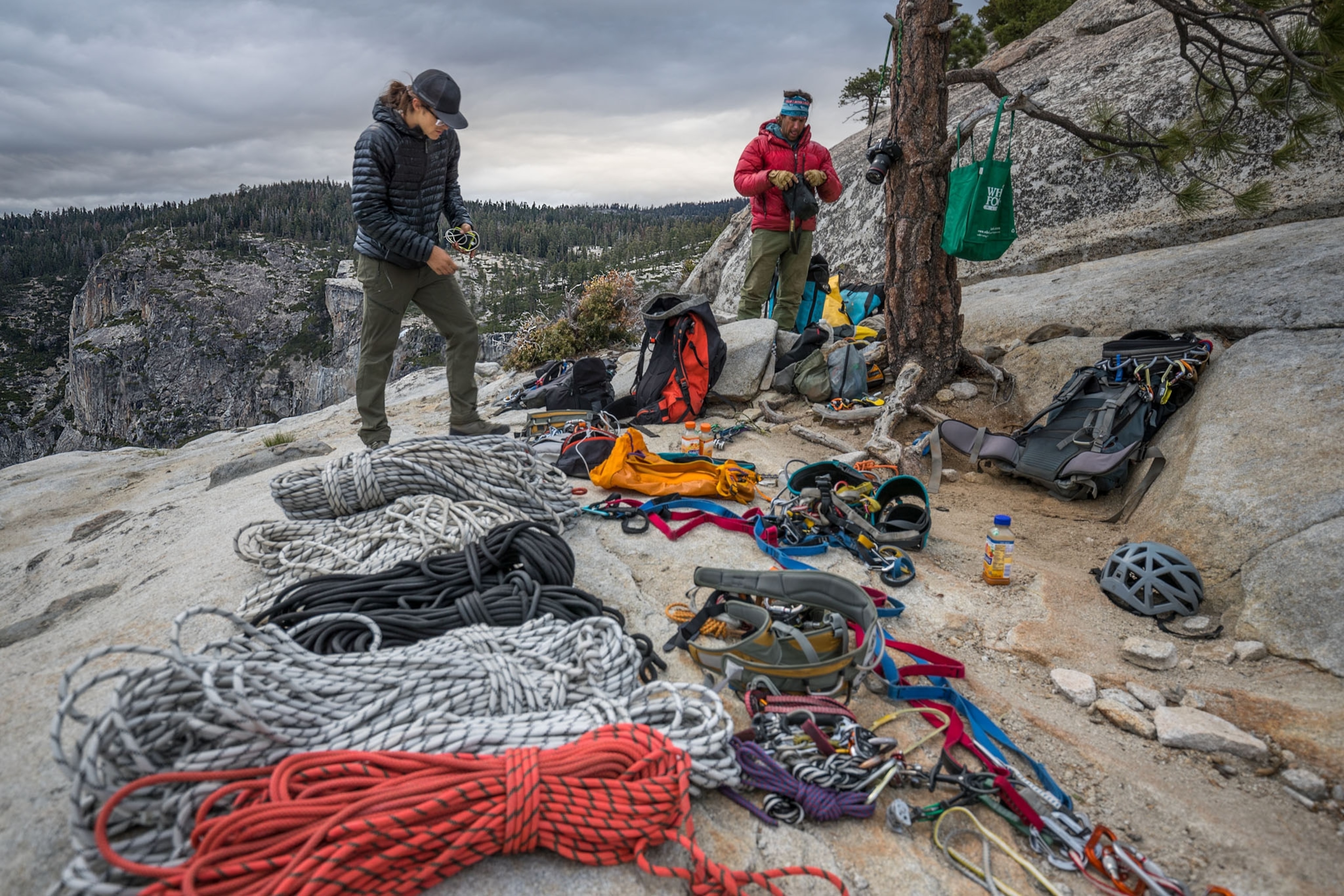 ropes and climbing gear on a rocky mountain surface