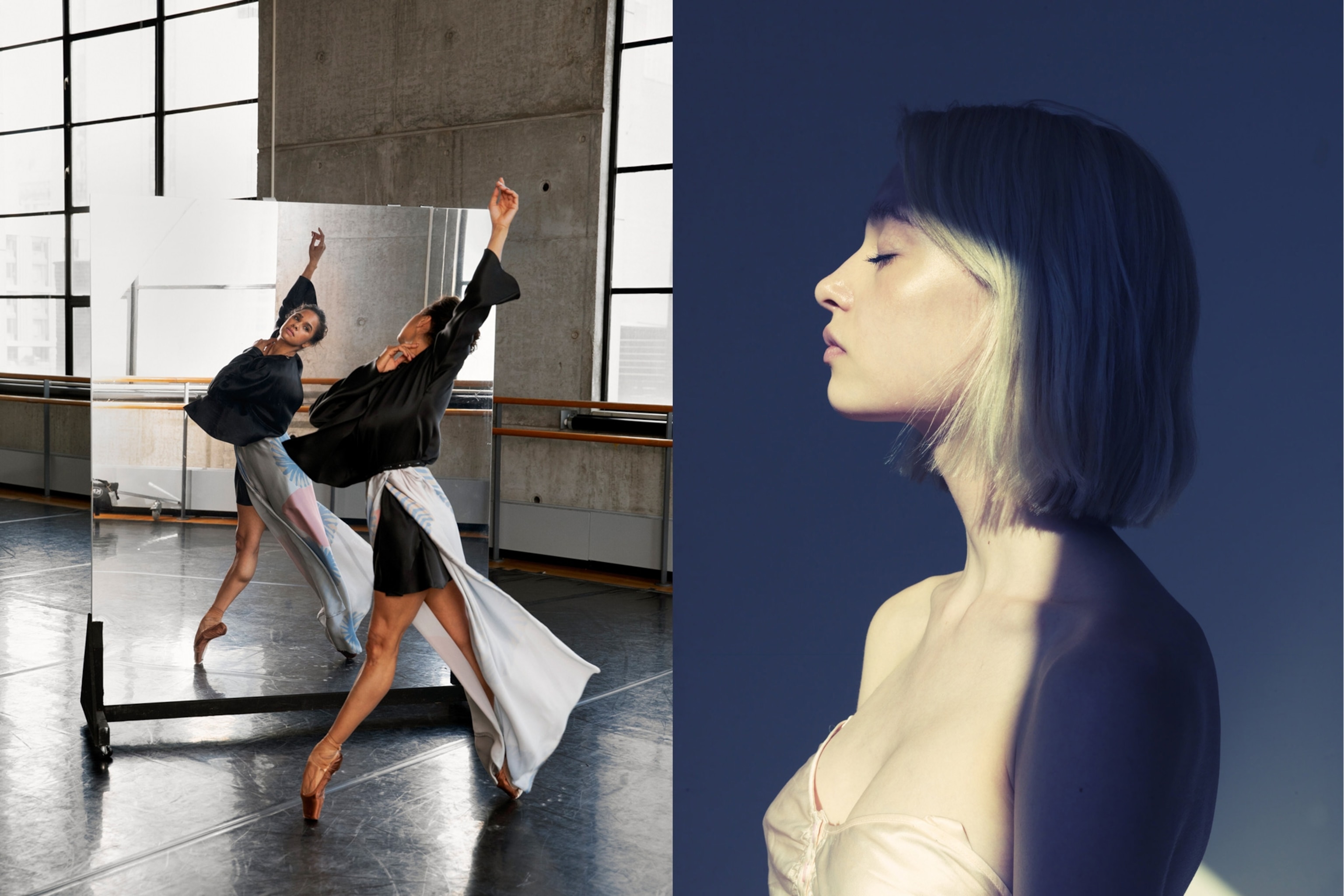 Ballet dancer en pointe in front of a mirror next to a portrait of a blonde woman in profile
