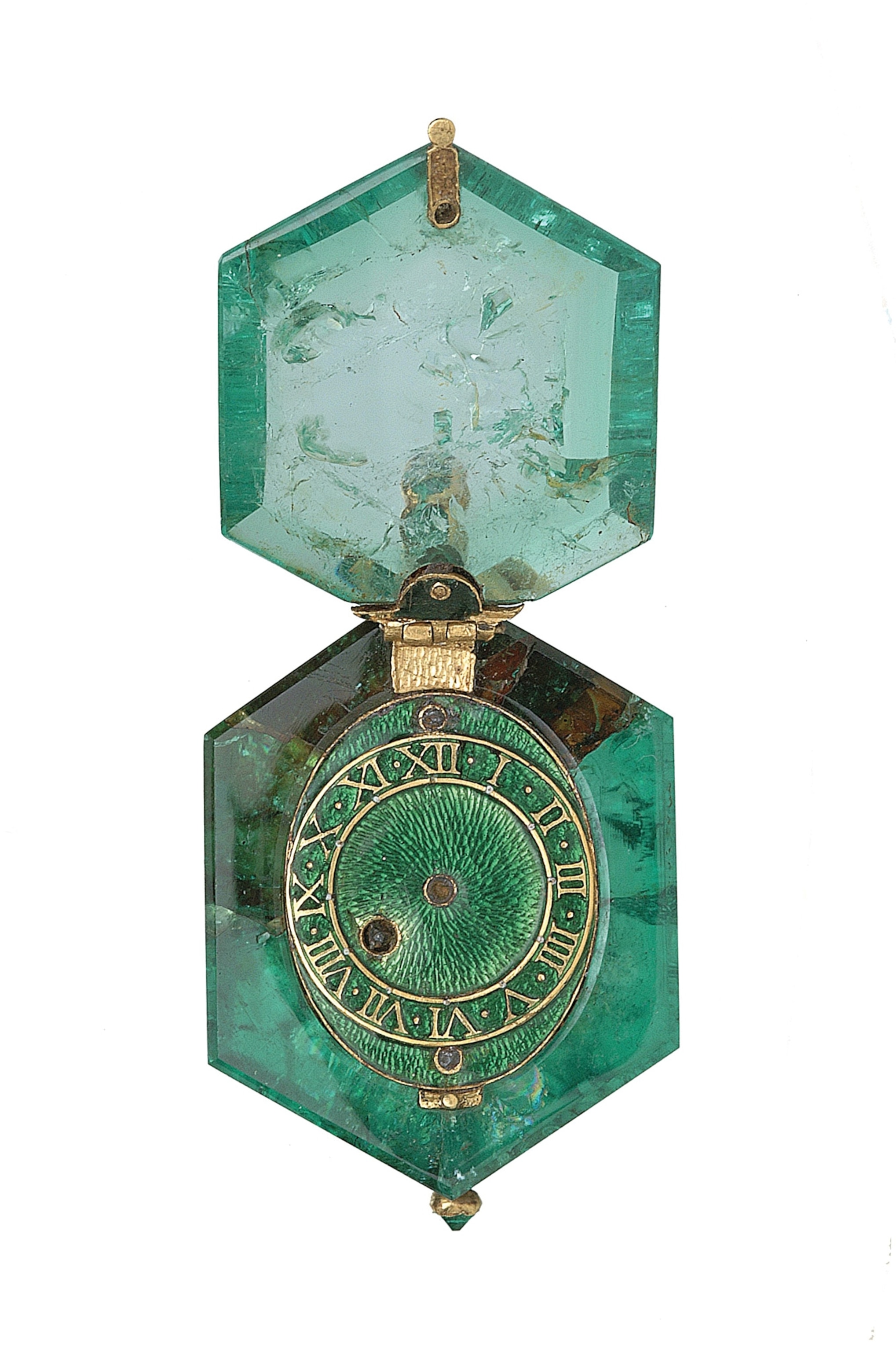An exquisite hexagonal watch set in a 1.6-inch Colombian emerald from the Cheapside Hoard