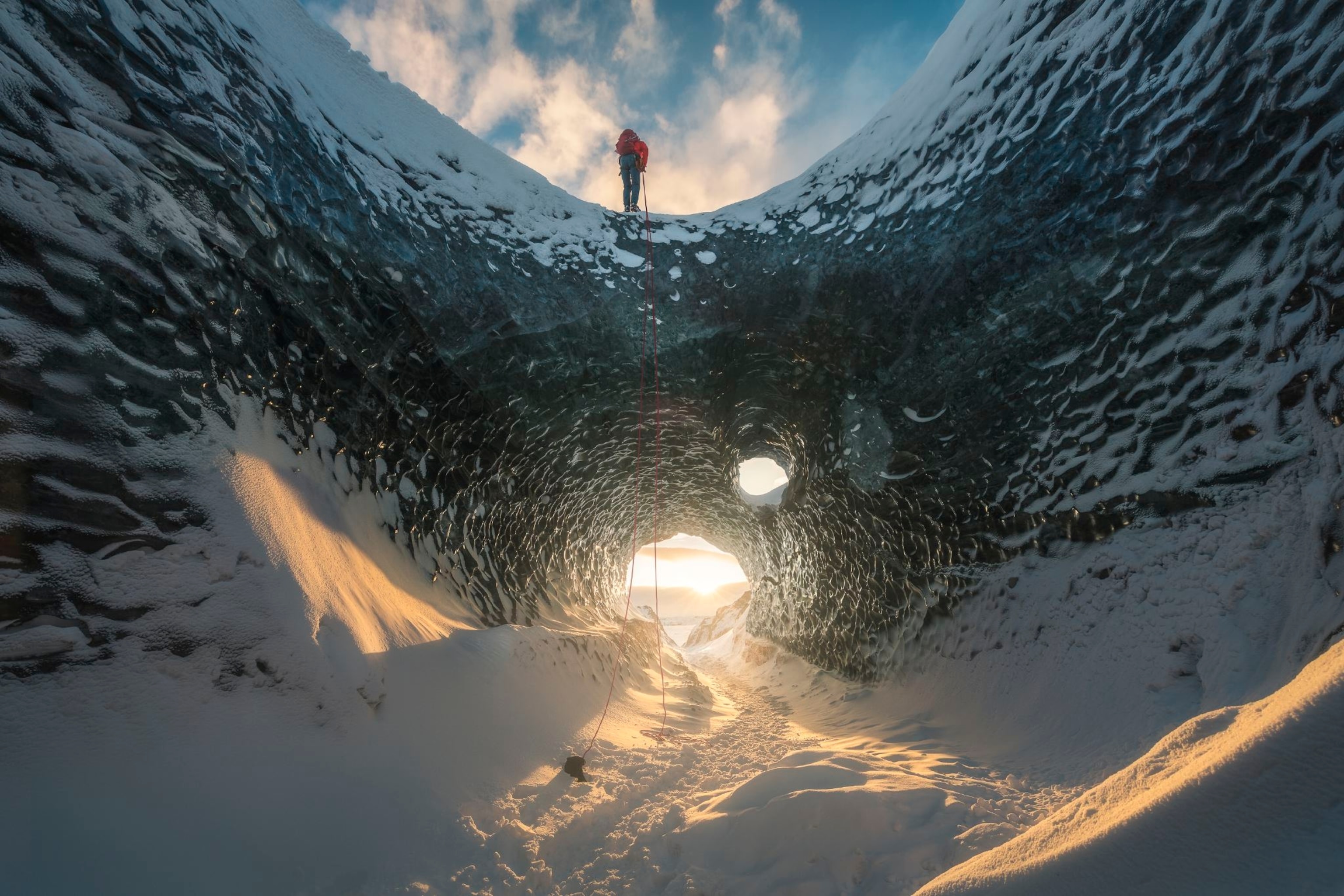 an ice cave at sunset, Iceland
