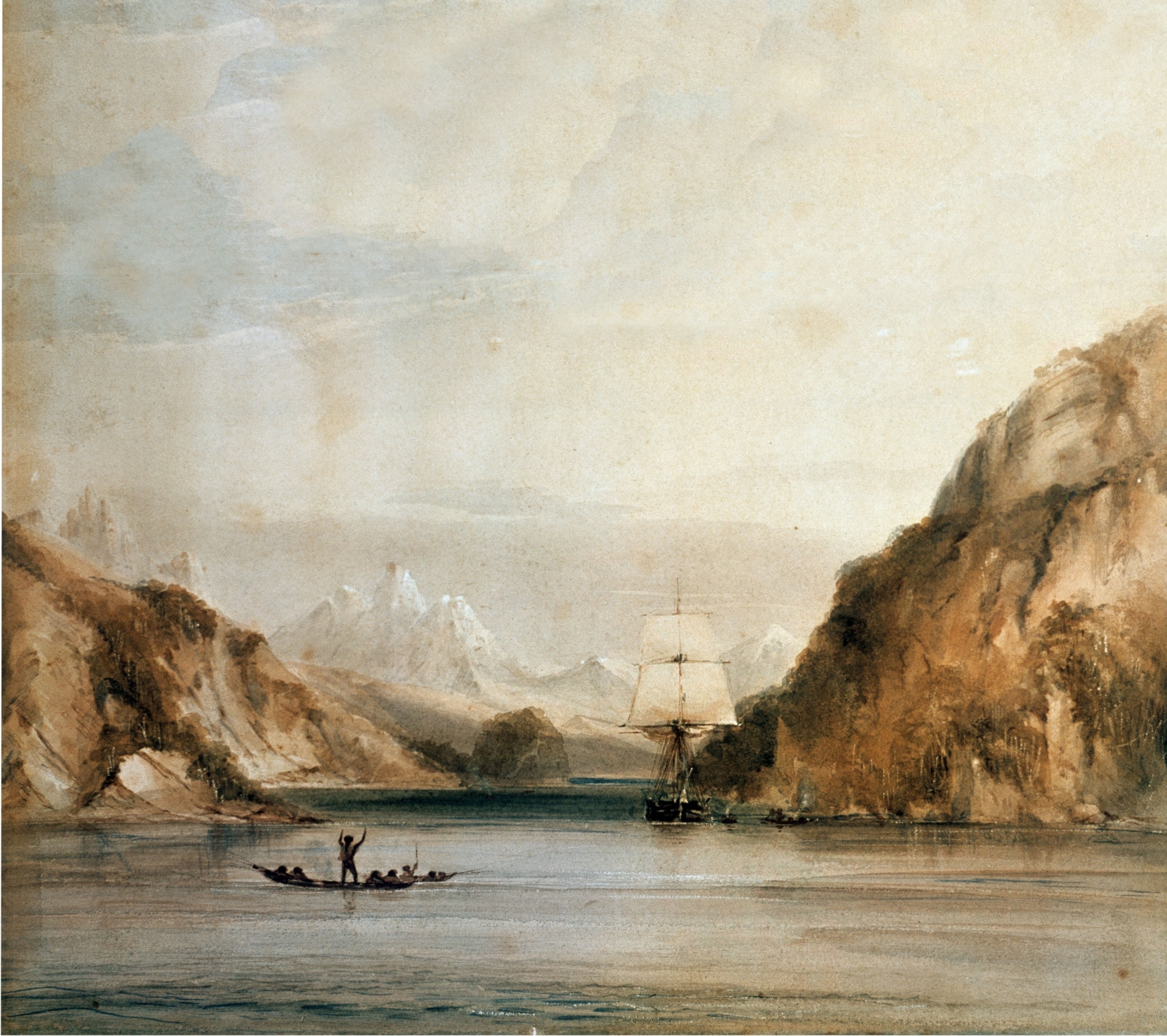 A painting of a ship in a bay