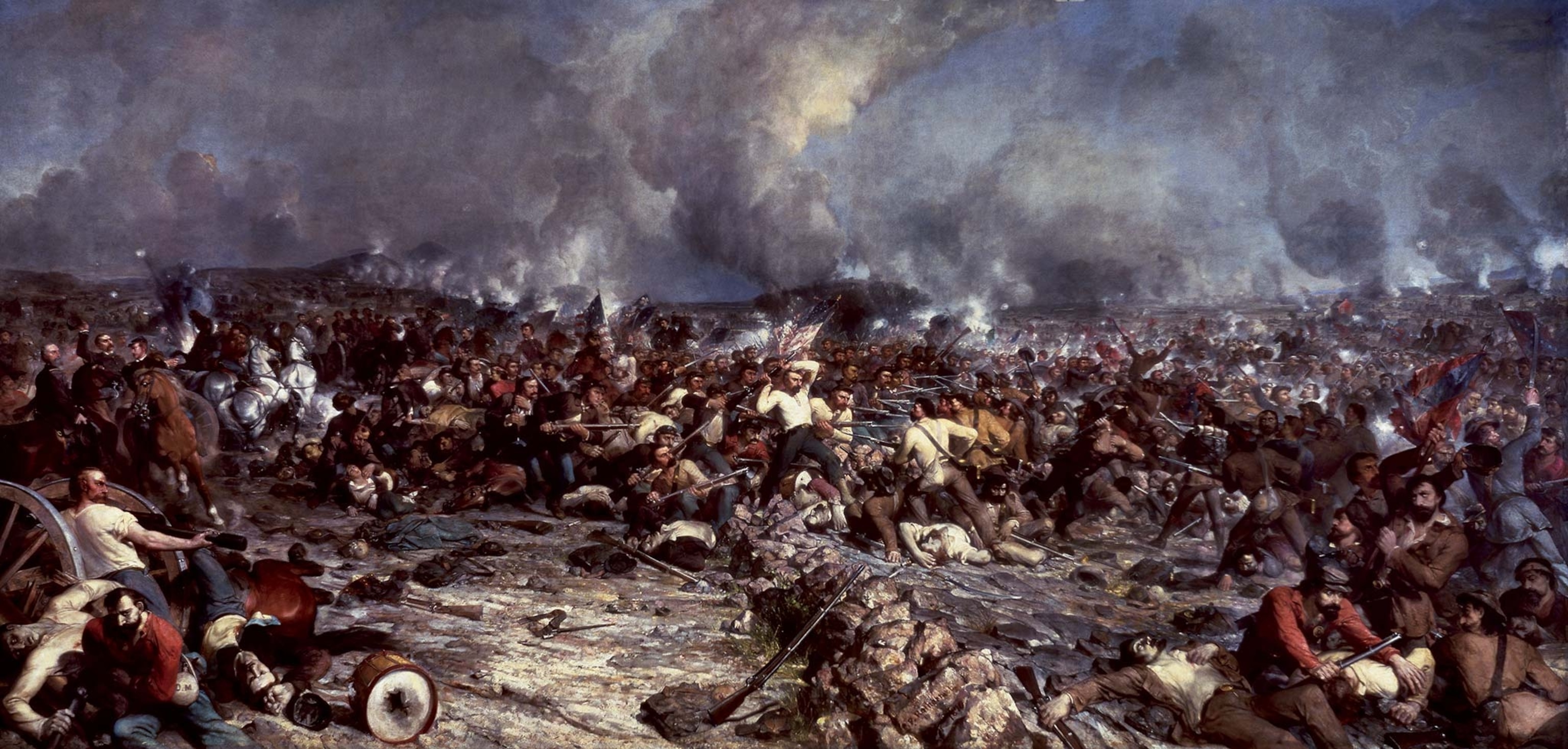 Pickett’s Charge reaches a climax as Federals beat back surging Confederates in a painting by Peter Frederick Rothermel, who drew on eyewitness accounts.