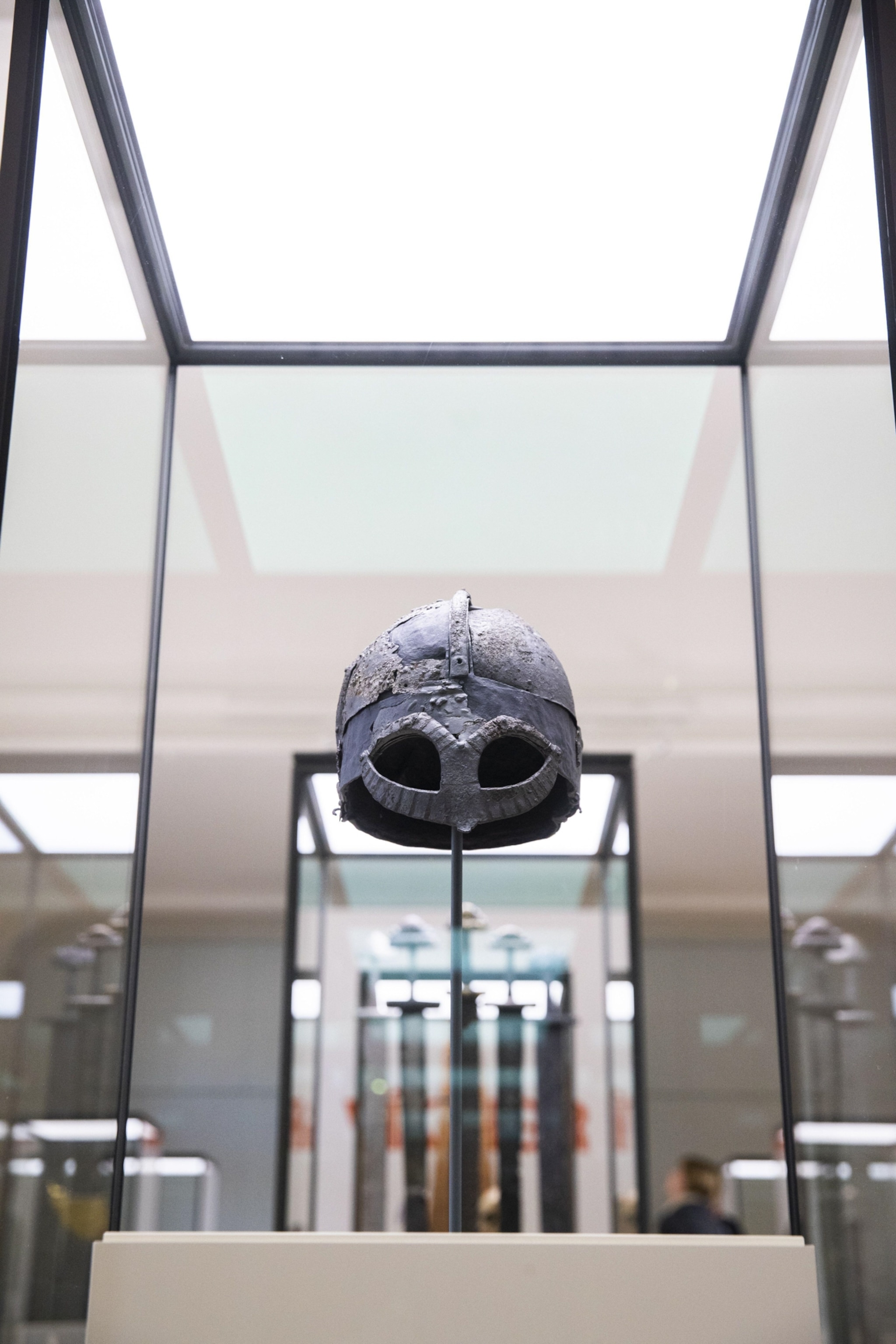 Viking helmet from Gjermundbu on display in Viking exhibition.