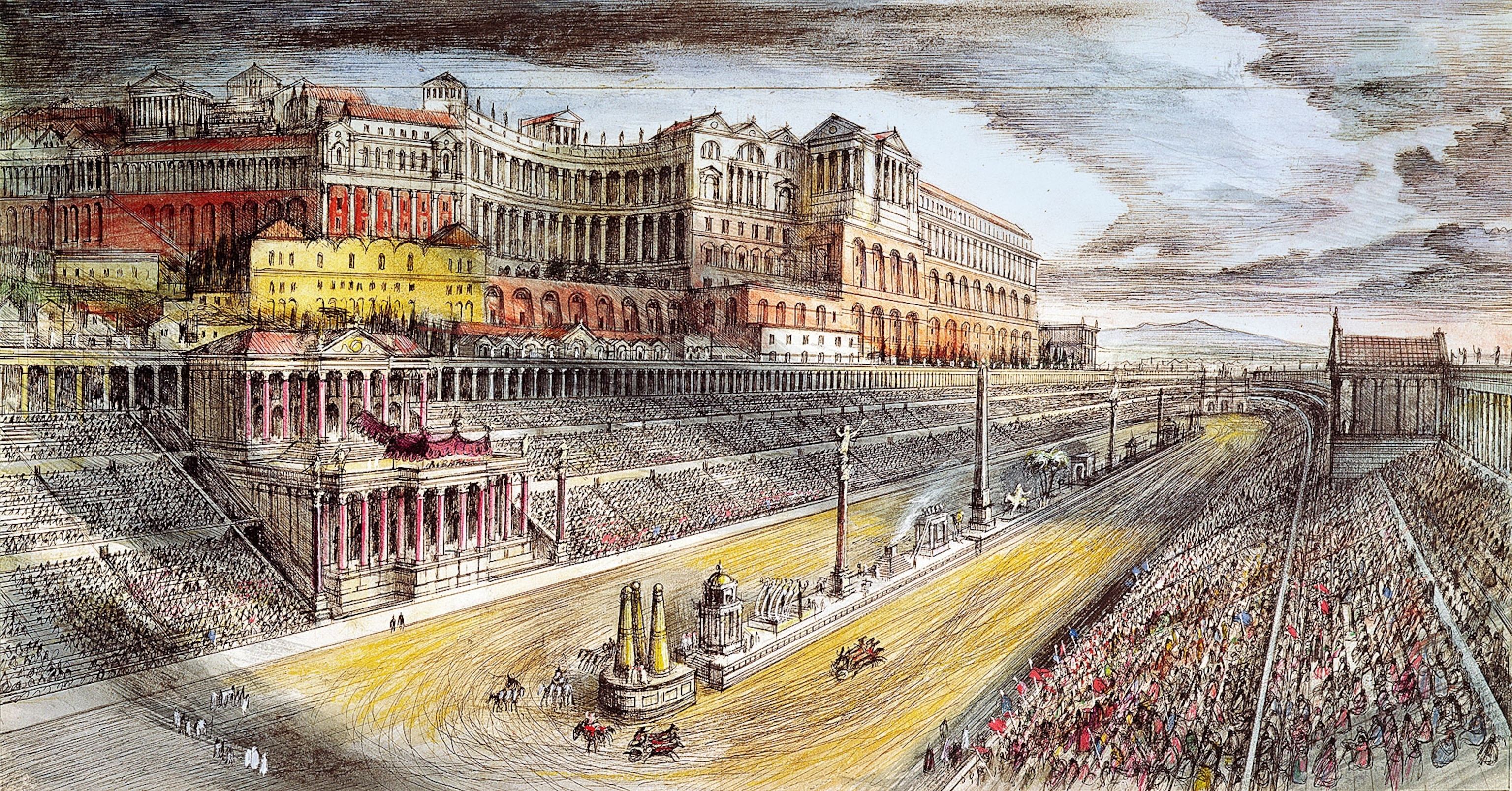 The Circus Maximus in Rome, imagined in an illustration, with a obelisk positioned in the center of the spina