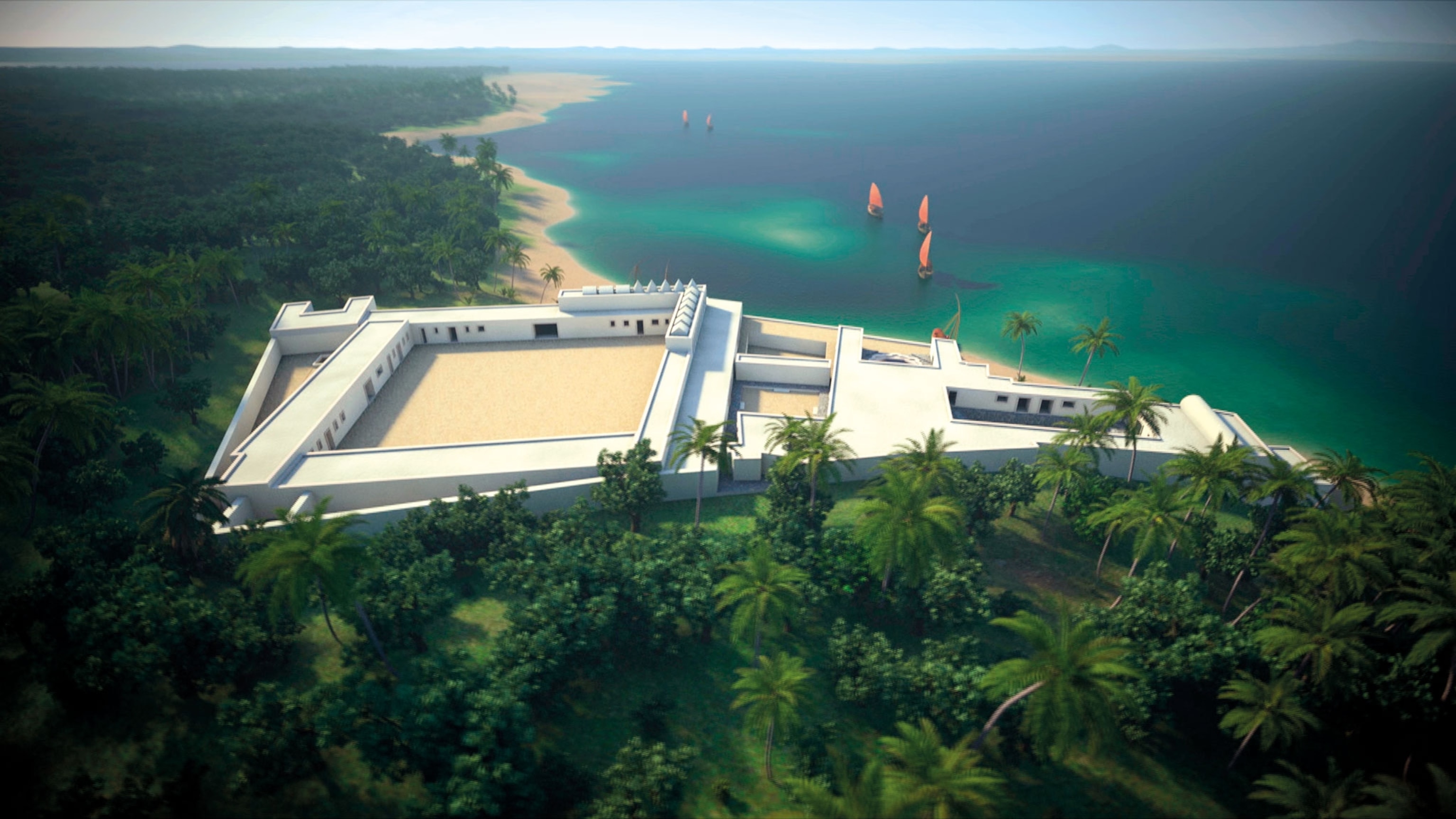 An artist rendition of a white fort on the coast
