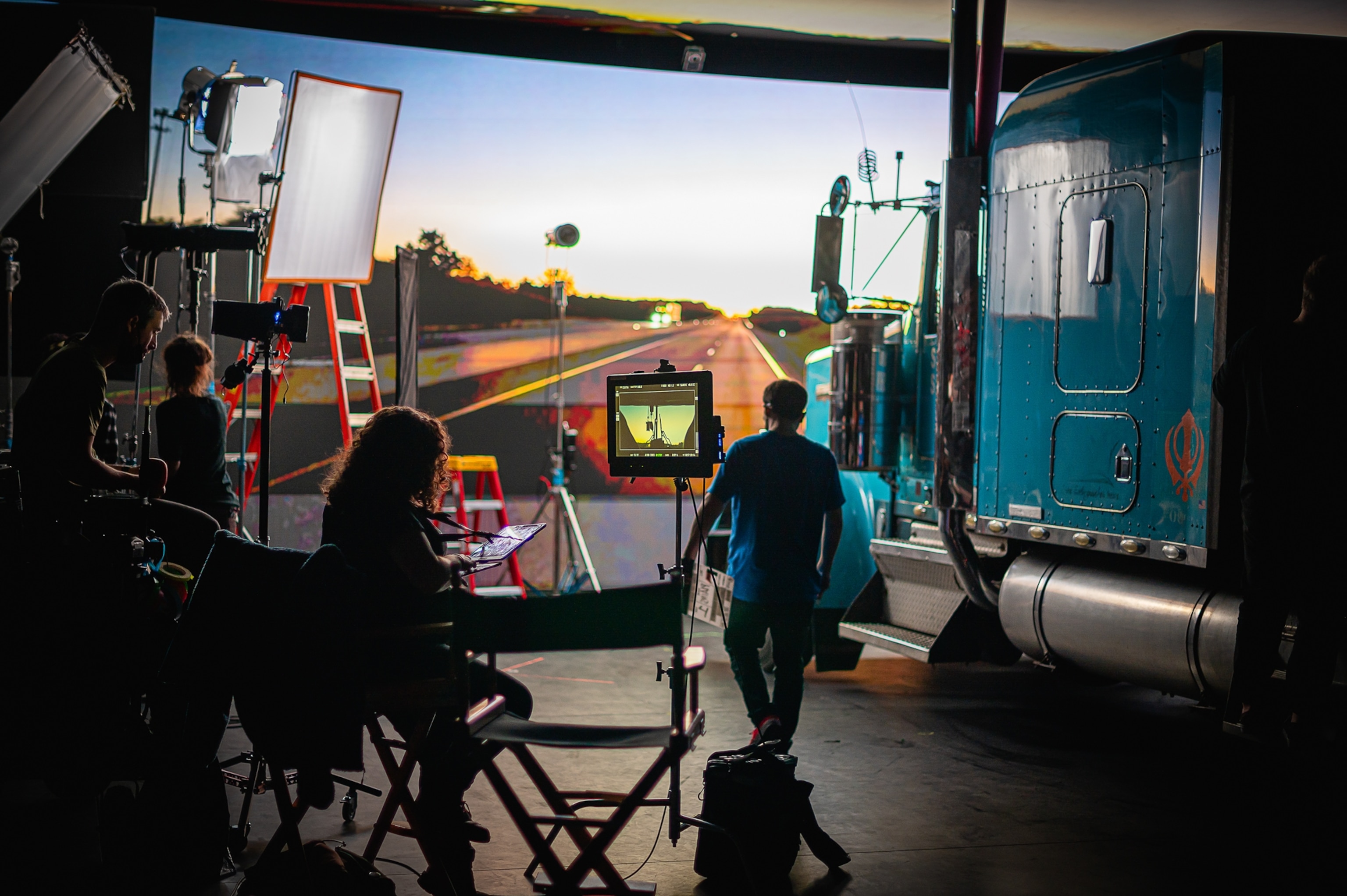 Movie set with real truck and virtual background.