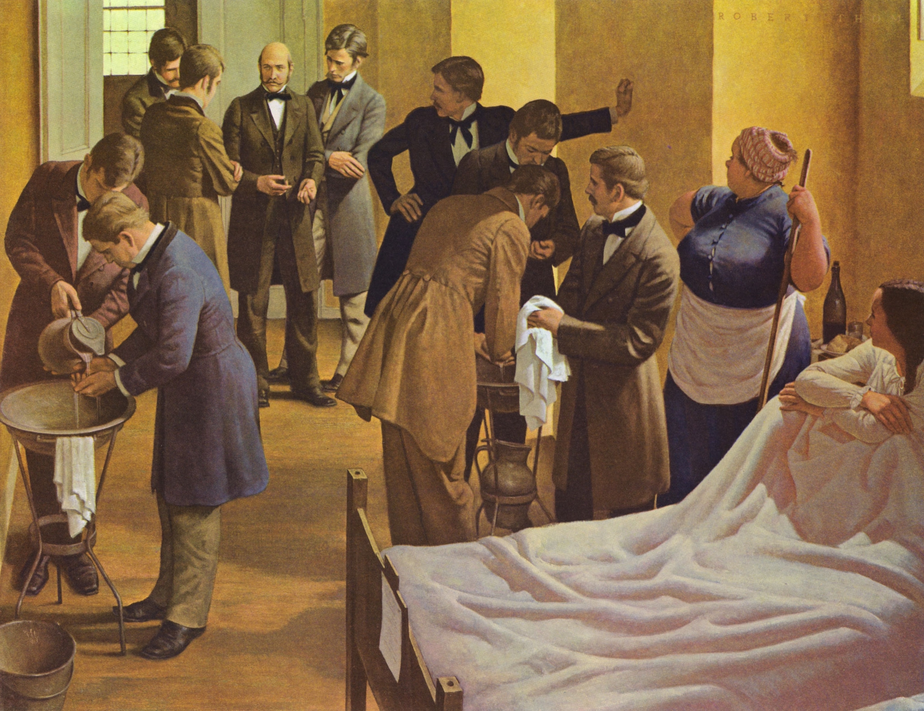 A painting of doctors washing their hands while a woman sits up in bed