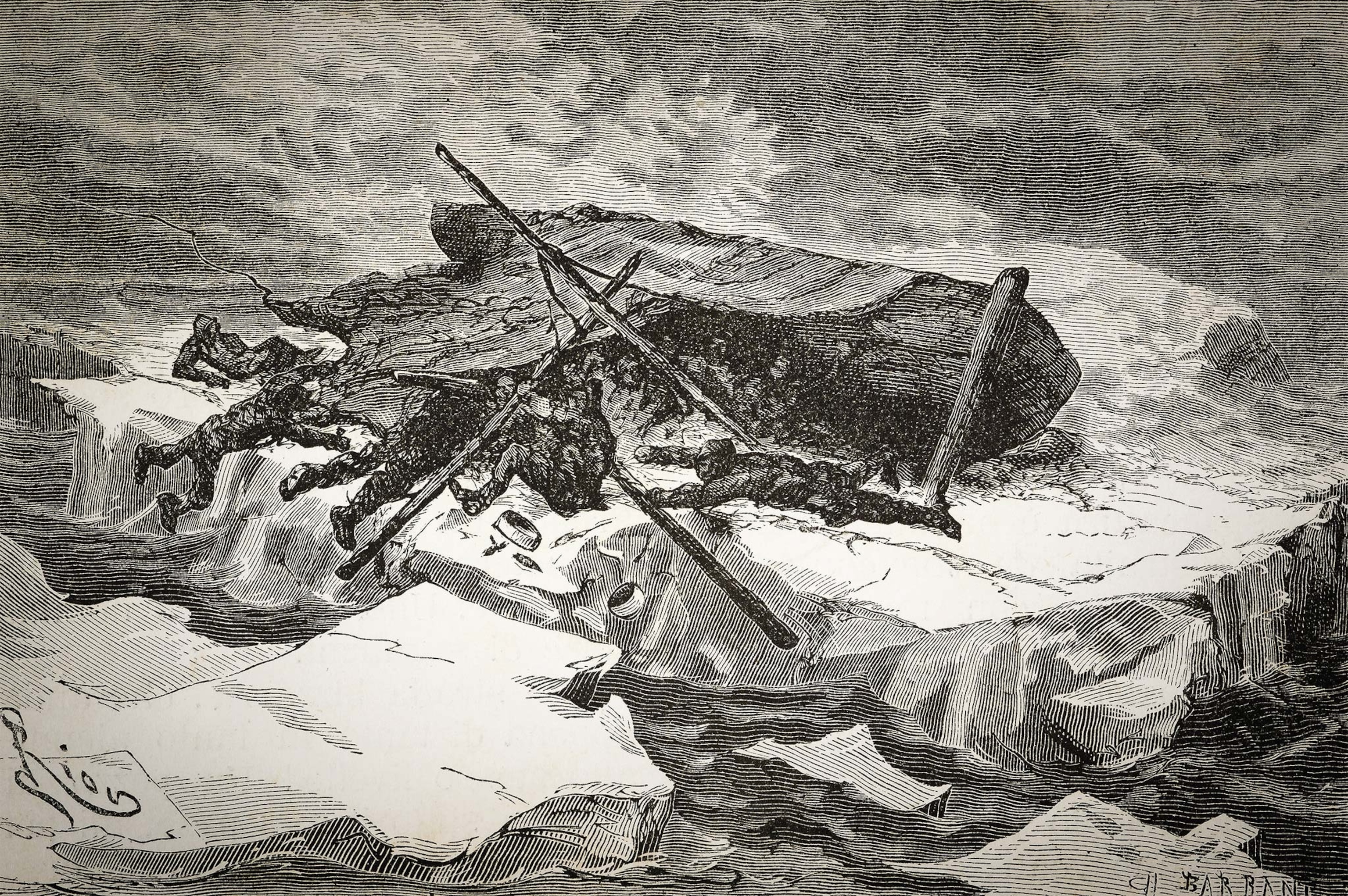The grim six-month odyssey of the Polaris crew marooned on the ice floe is depicted in this 1876 illustration.