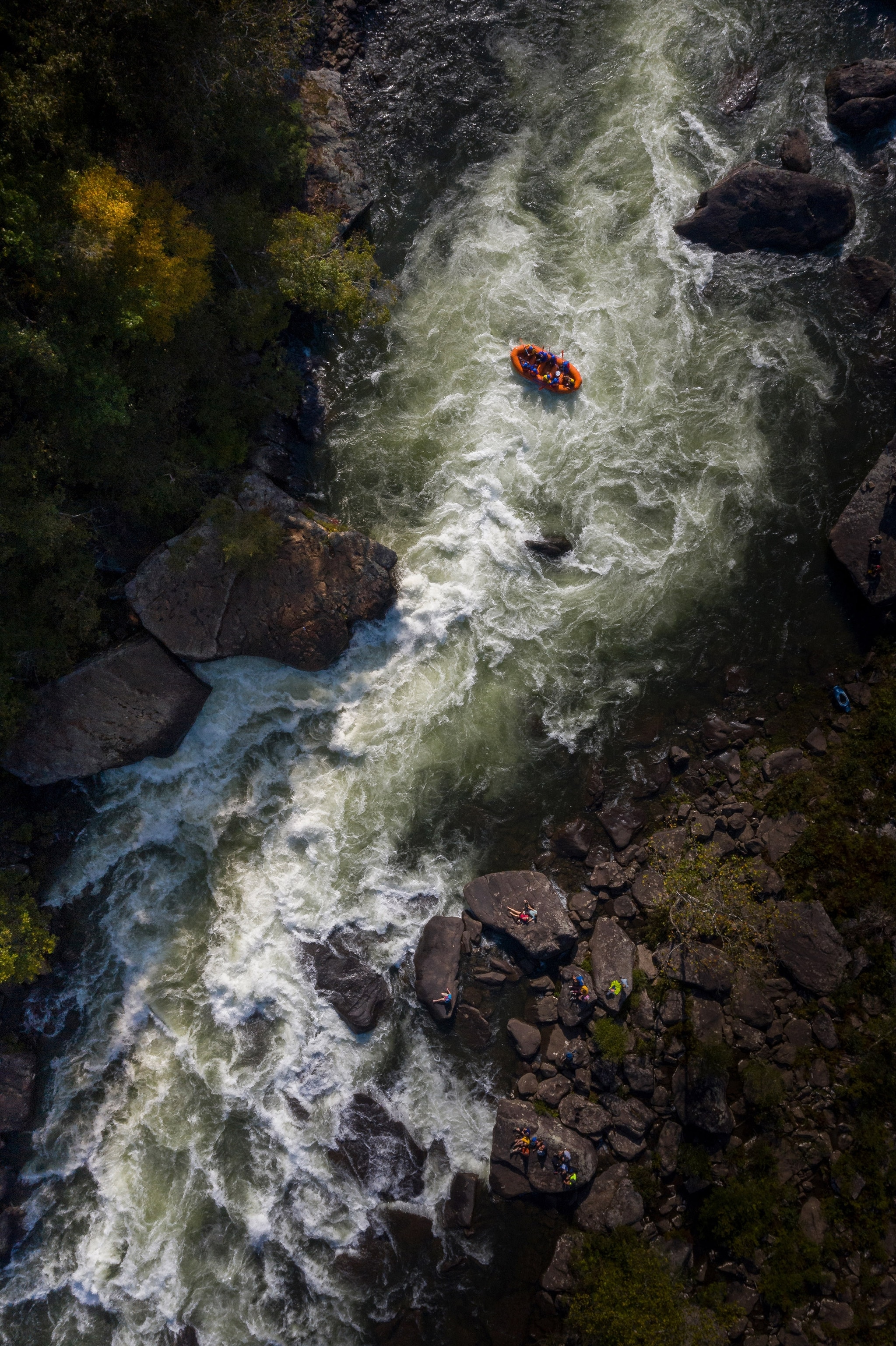 An overhead view of people rafting the Gauley River in Gauley River National Recreation Area