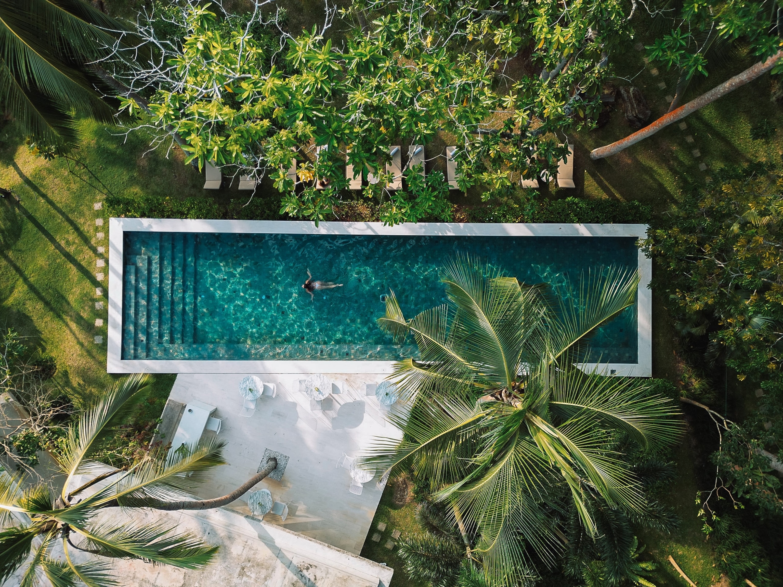 An aerial view of a person swimming in a pool surrounded by grass and trees.