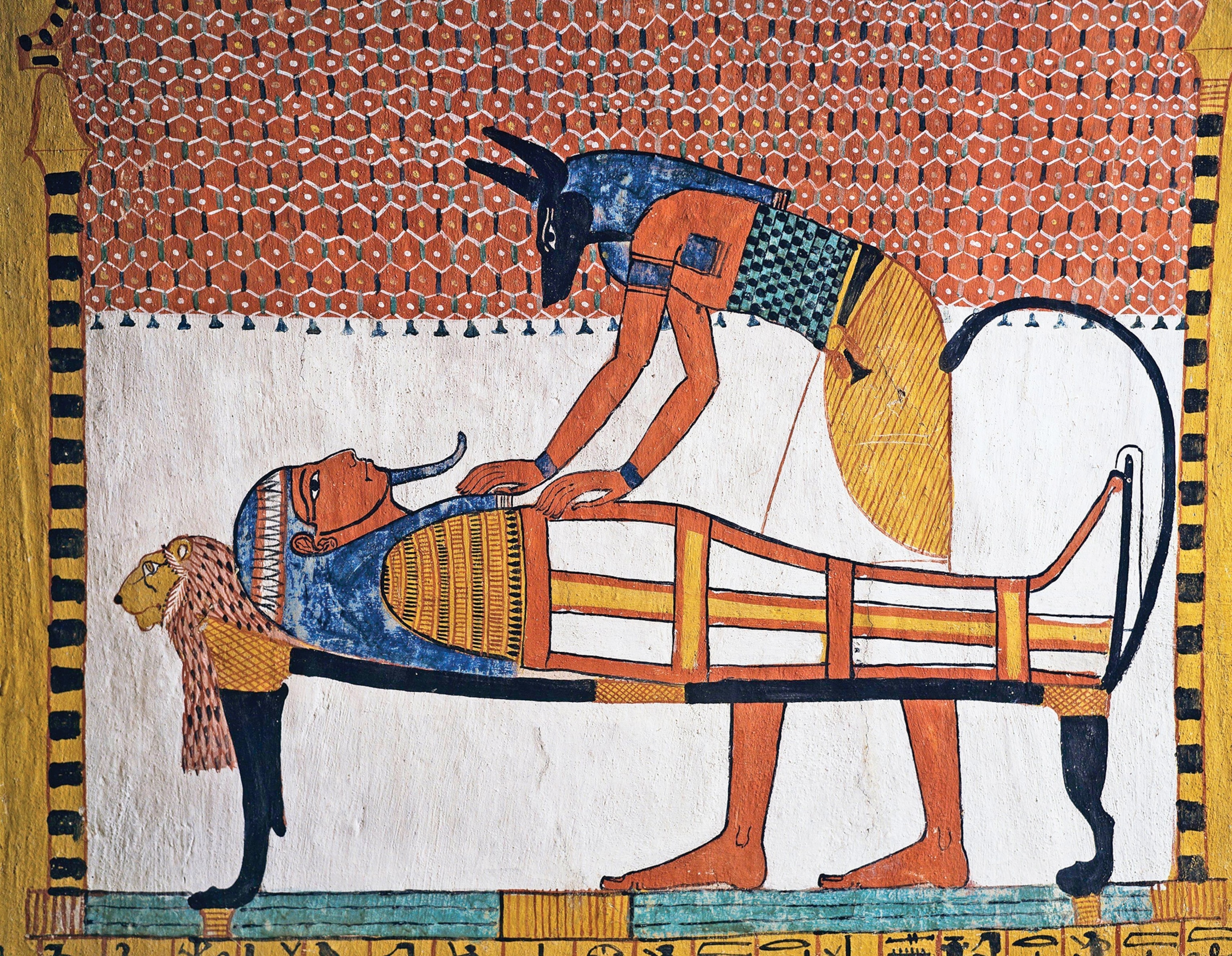 The god Anubis attends to the mummy of a 19th dynasty cemetery worker in an illustration.