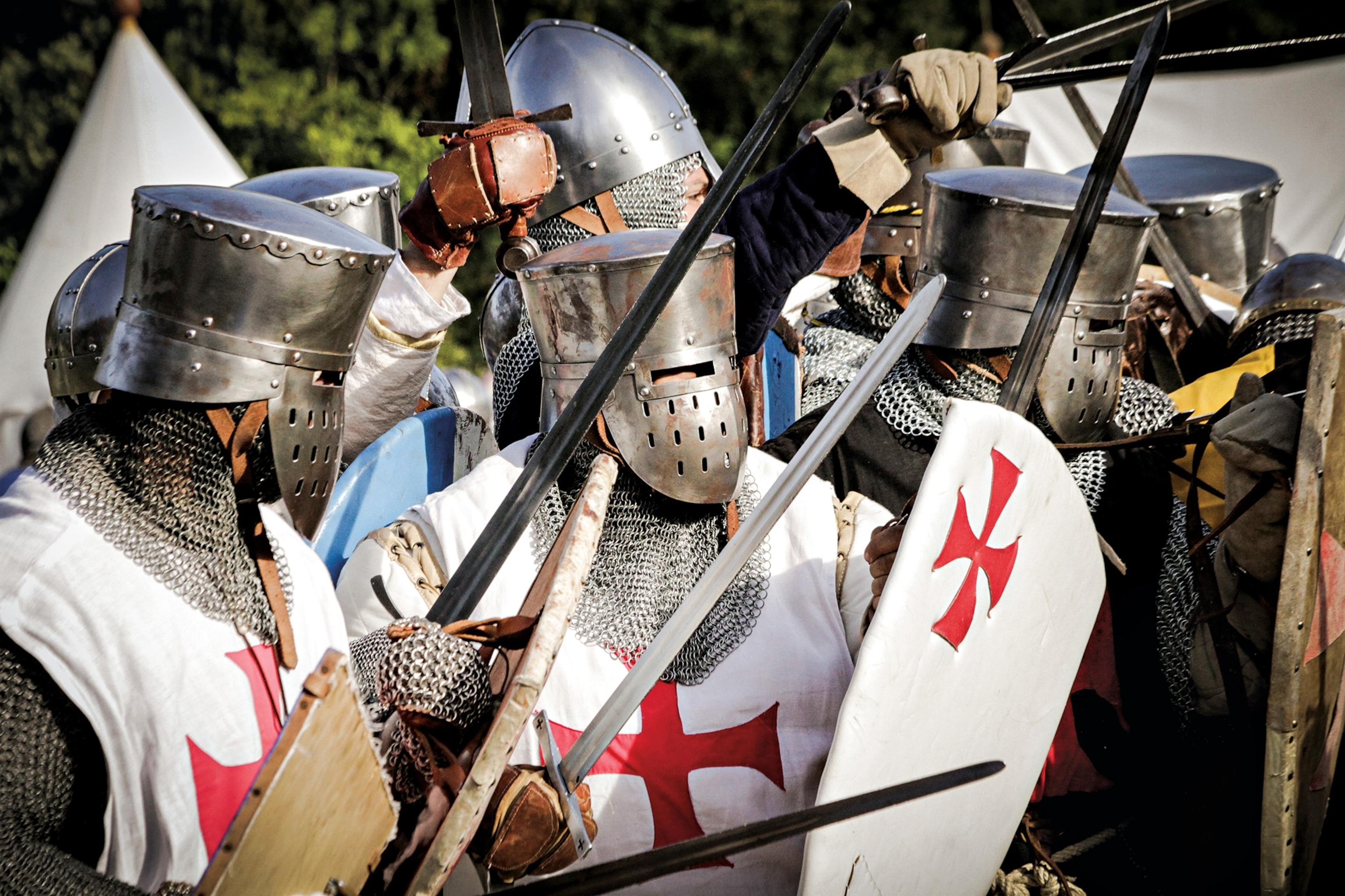A modern reenactment of Templar Knights in full battle armor