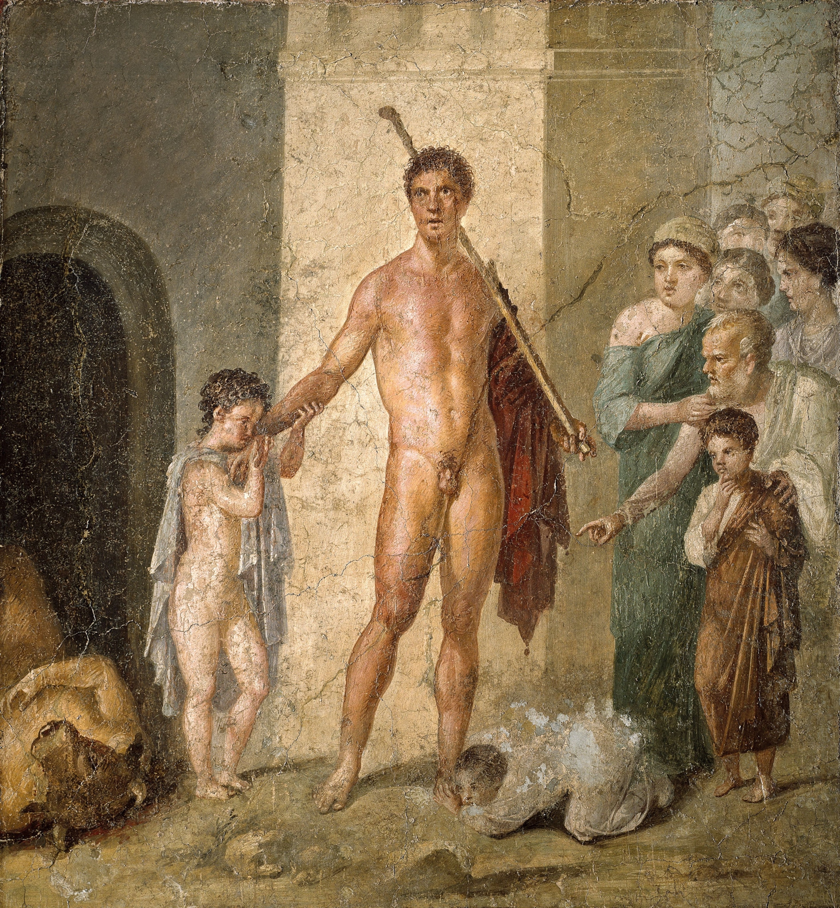 a fresco of a young Athenian showing gratitude to Thesius