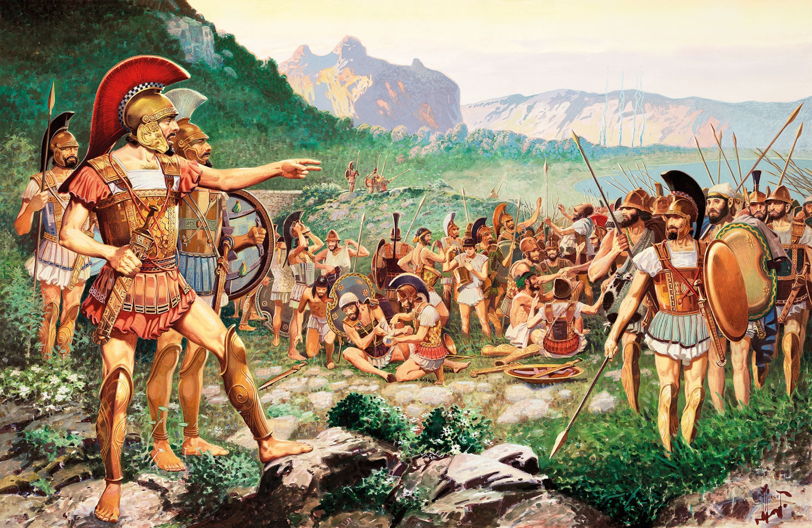 An illustration shows a key moment in the dramatic last stand: Leonidas on the left, aware the Persians are about to outflank him, dismisses his allies. Remaining in his post with only a few hundred loyal troops, he will resist the Persian onslaught until he and his men are all killed.