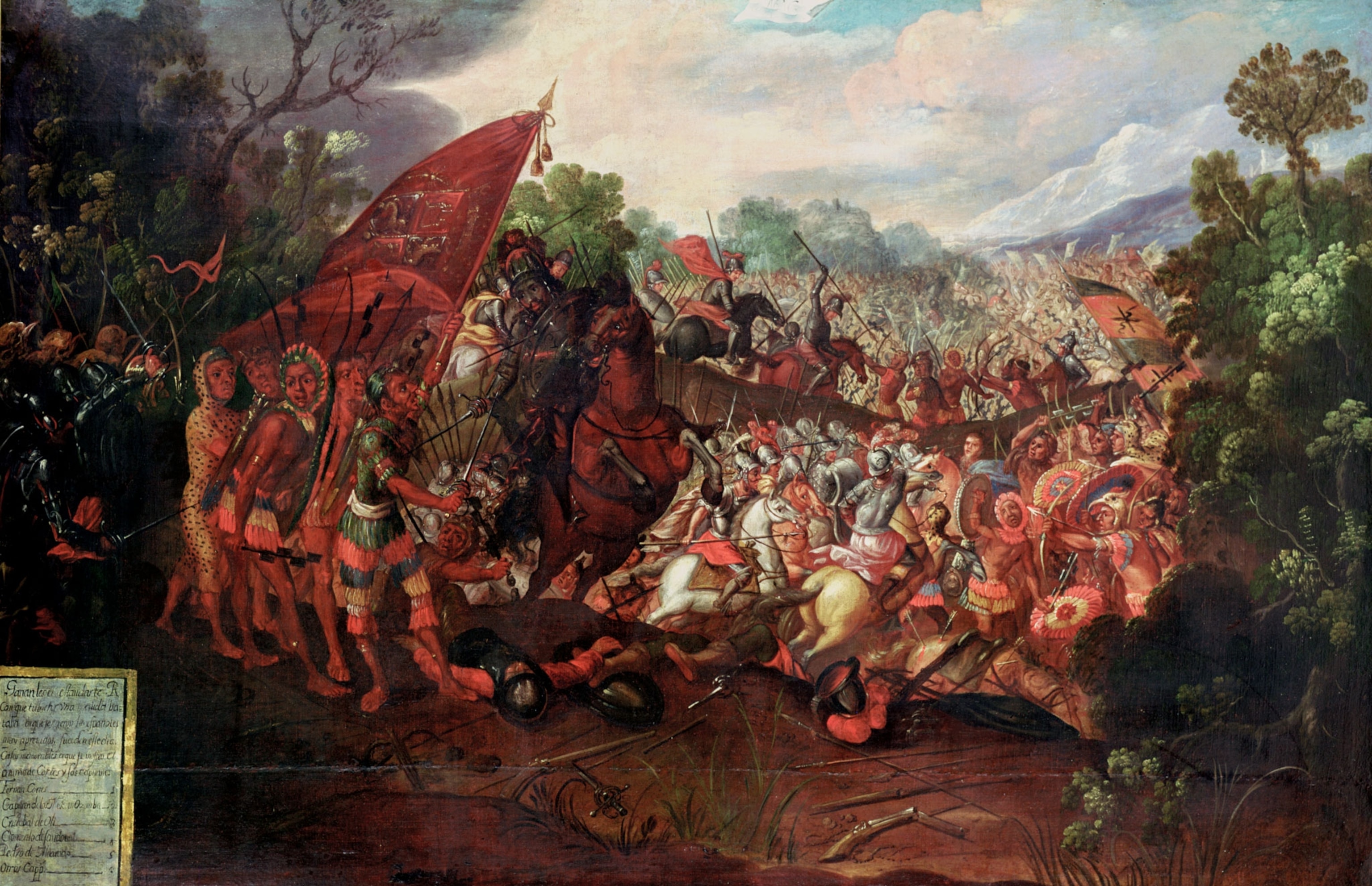 a painting showing Hernando Cortes retreating from Tenochtitlan, Mexico in 1520