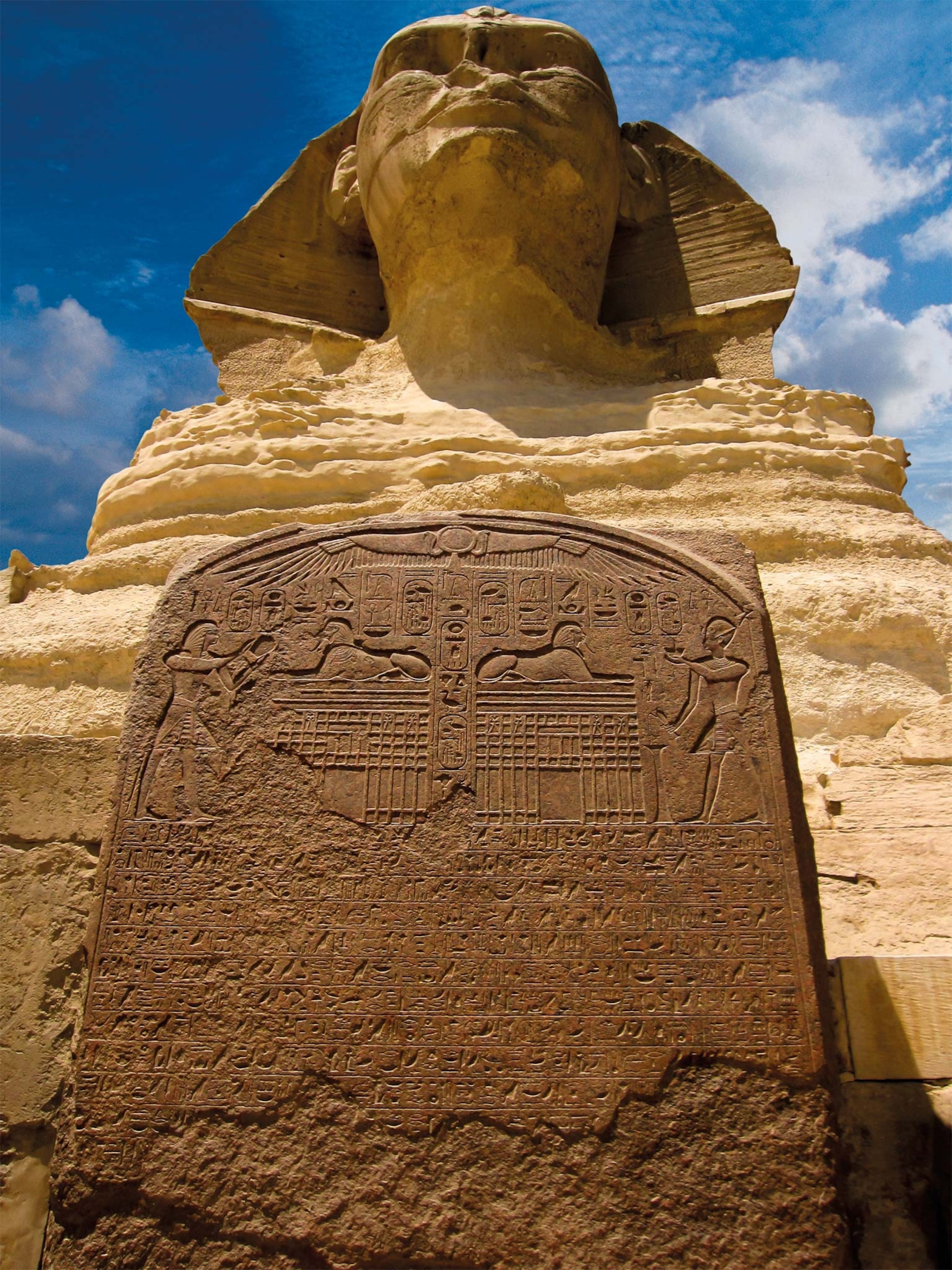 A view of a tablet before the Sphinx from the group up