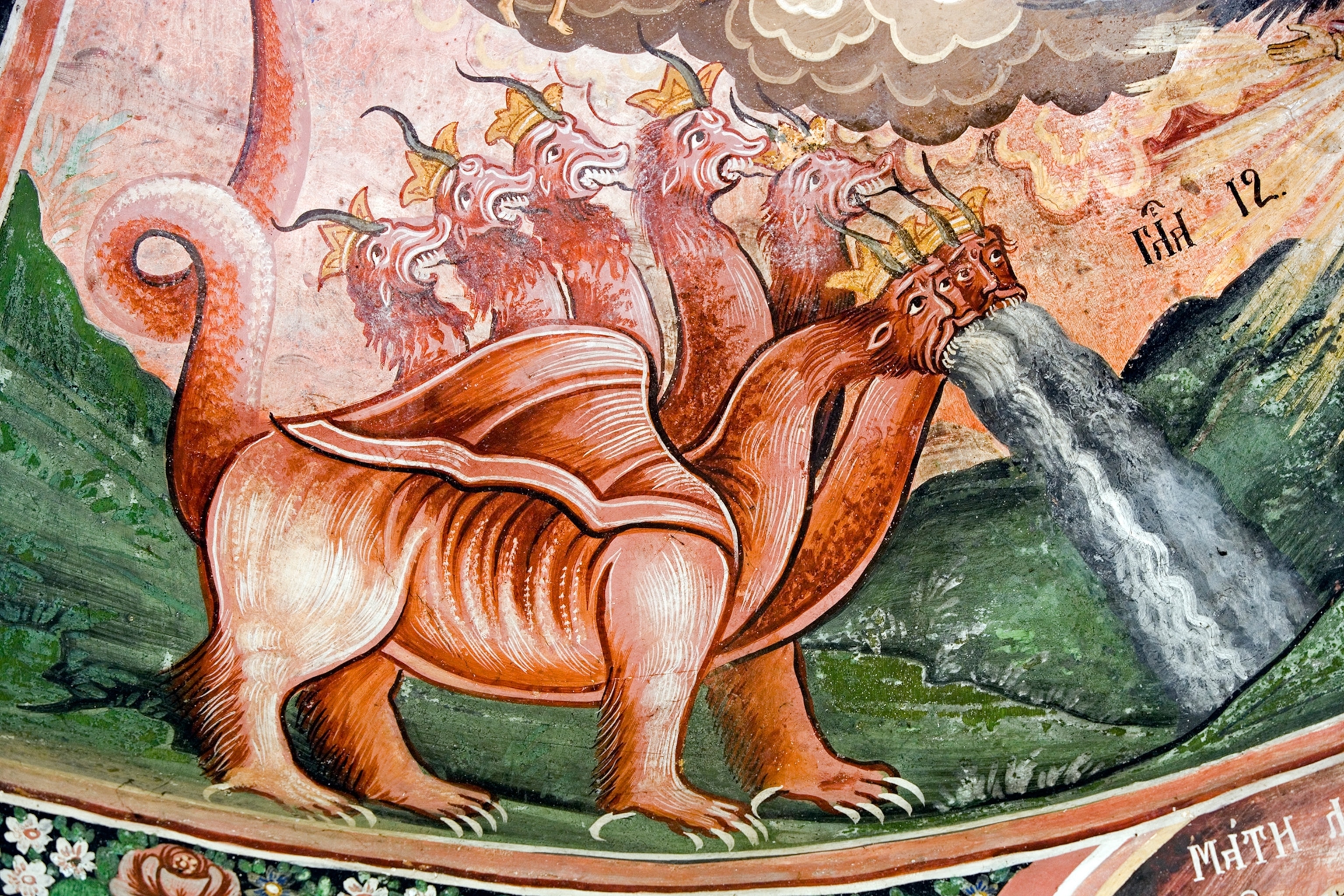 Detail of the red seven-headed dragon of Revelation.