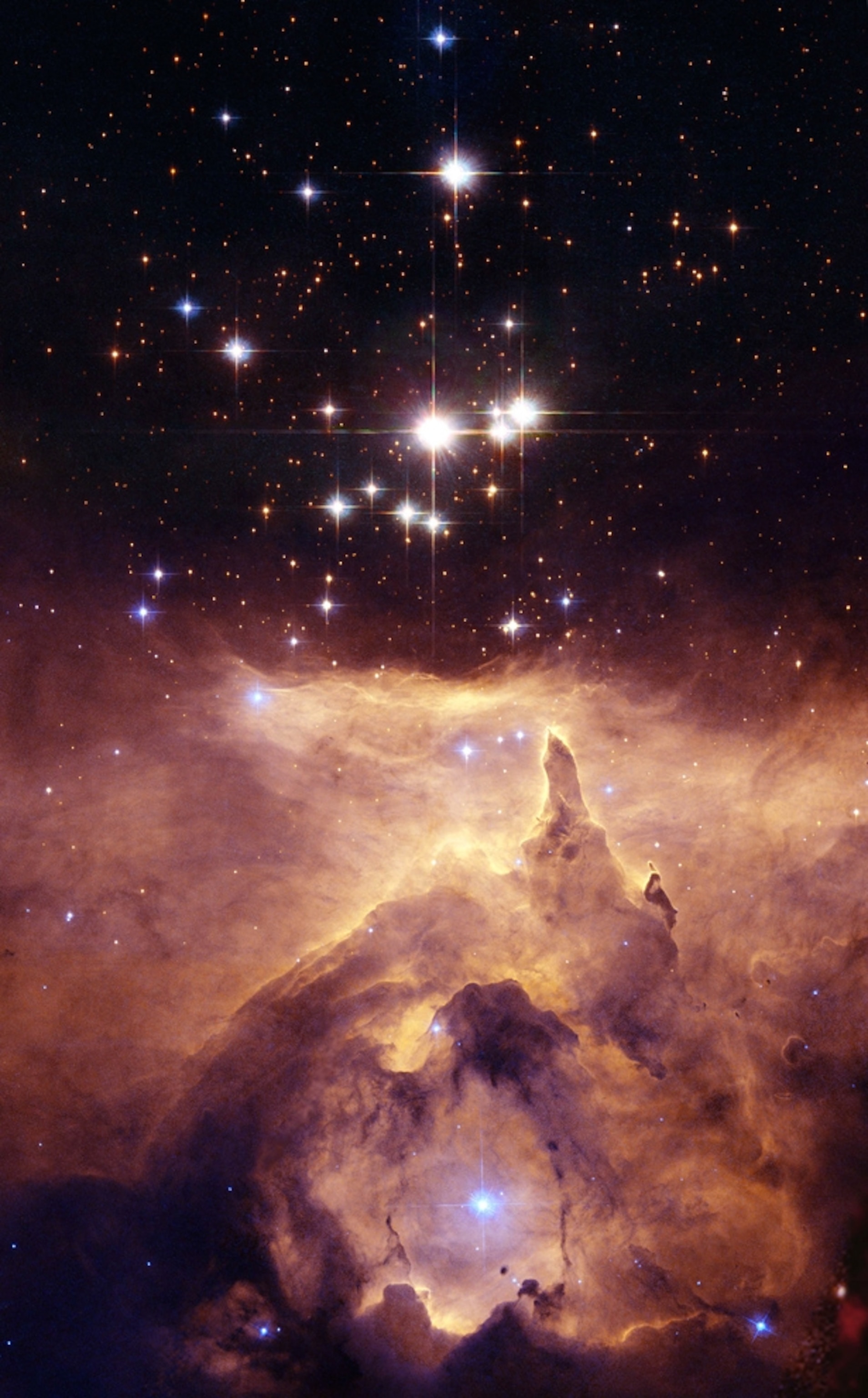 a brilliant star clusters float above a swirling, cloudy nebula