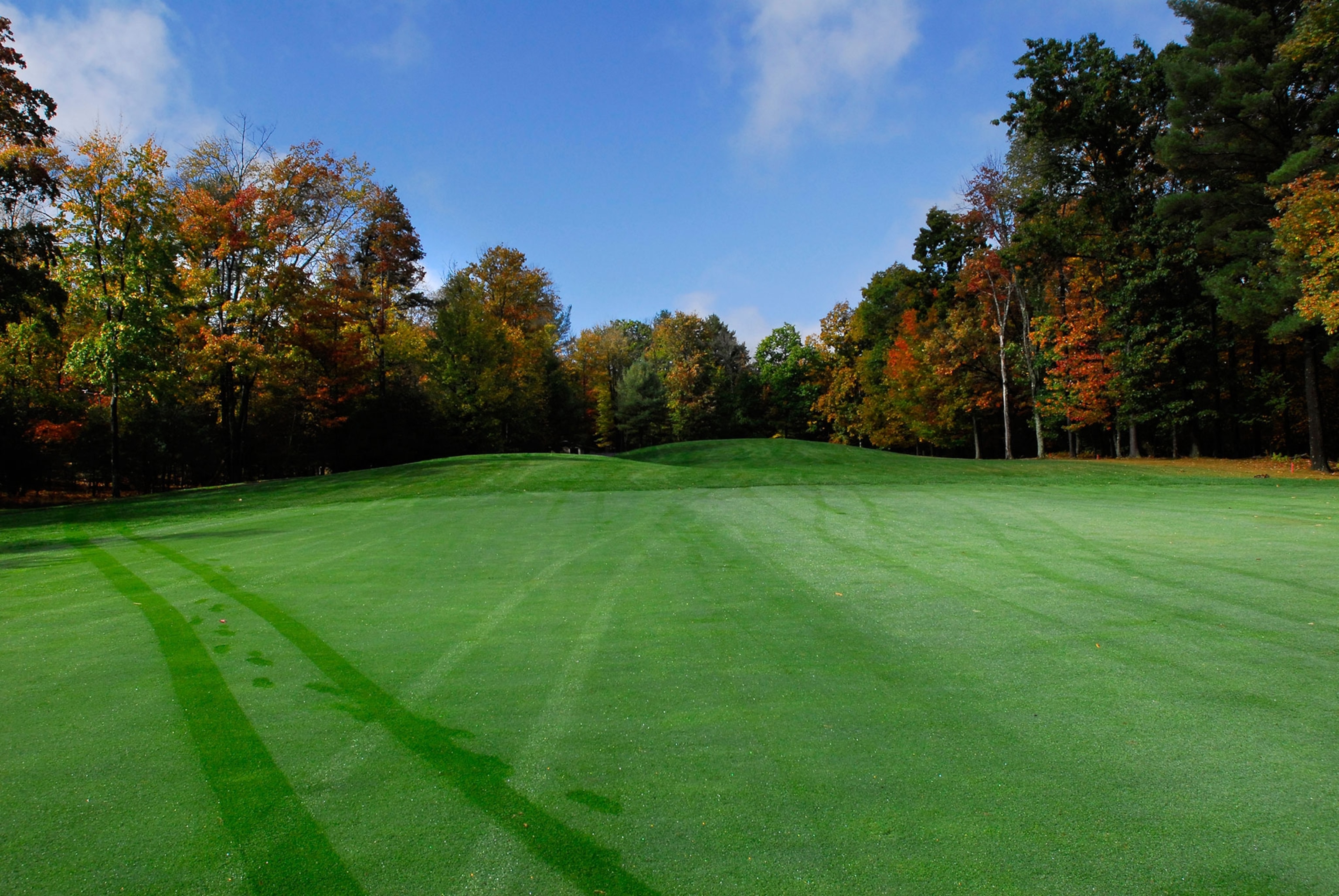A manicured golf course and fall foliage