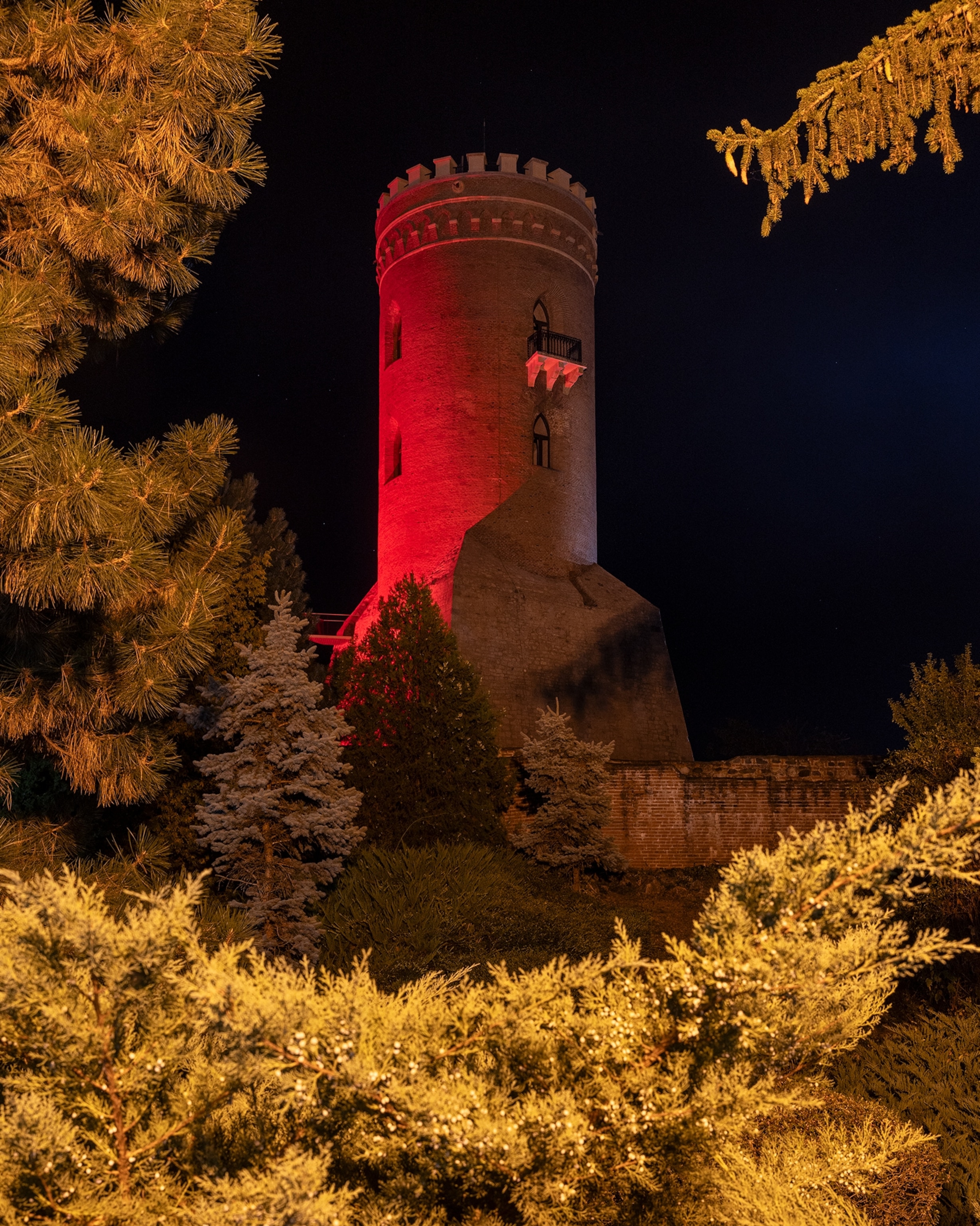 Night view of the Chindia Tower (Romanian: Turnul Chindiei) a tower in the Curtea Domneascā monuments ensemble in Târgoviste, Romania, built in the 15th century.