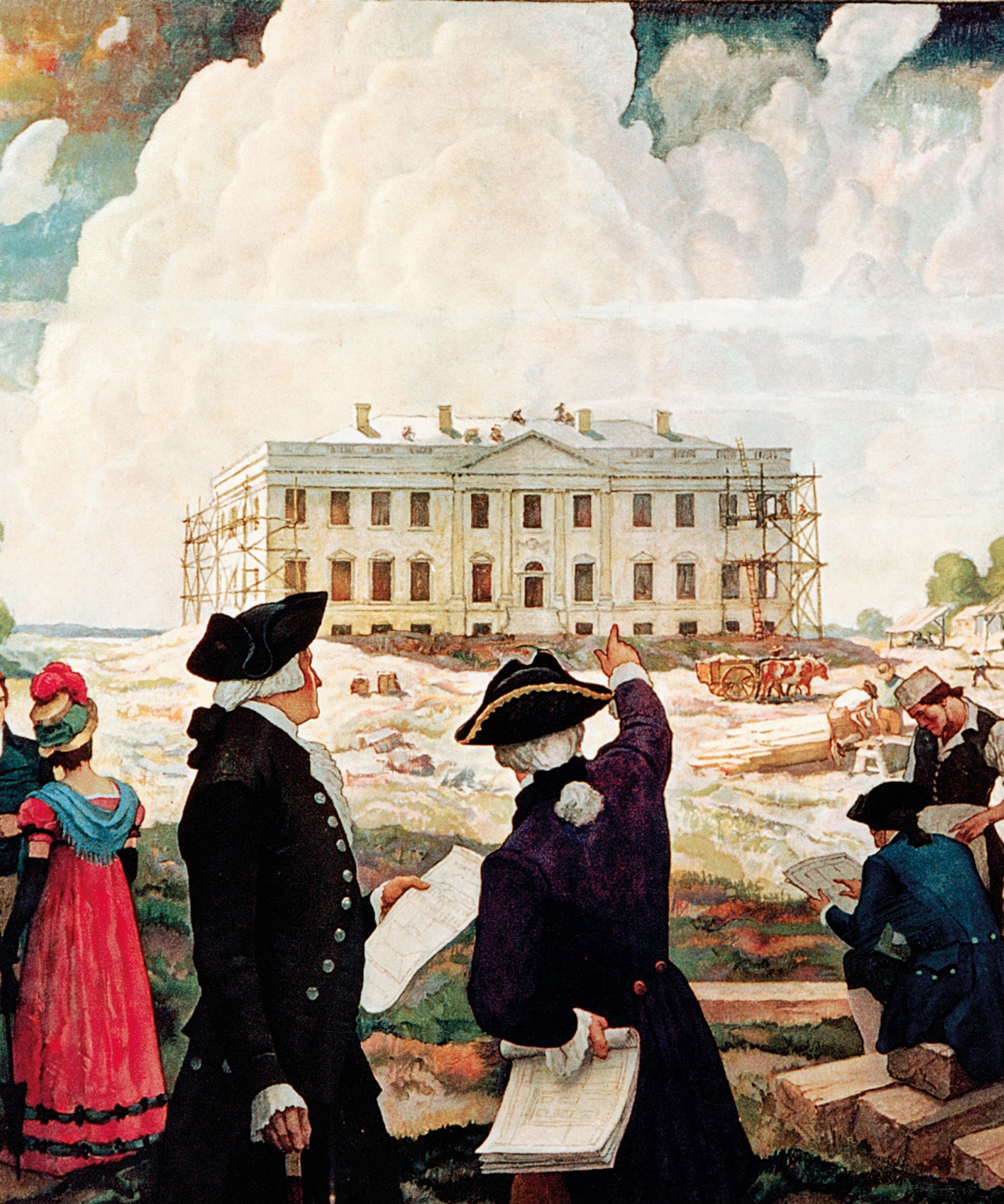 a painting of James Hoban and George Washington supervising the White House construction