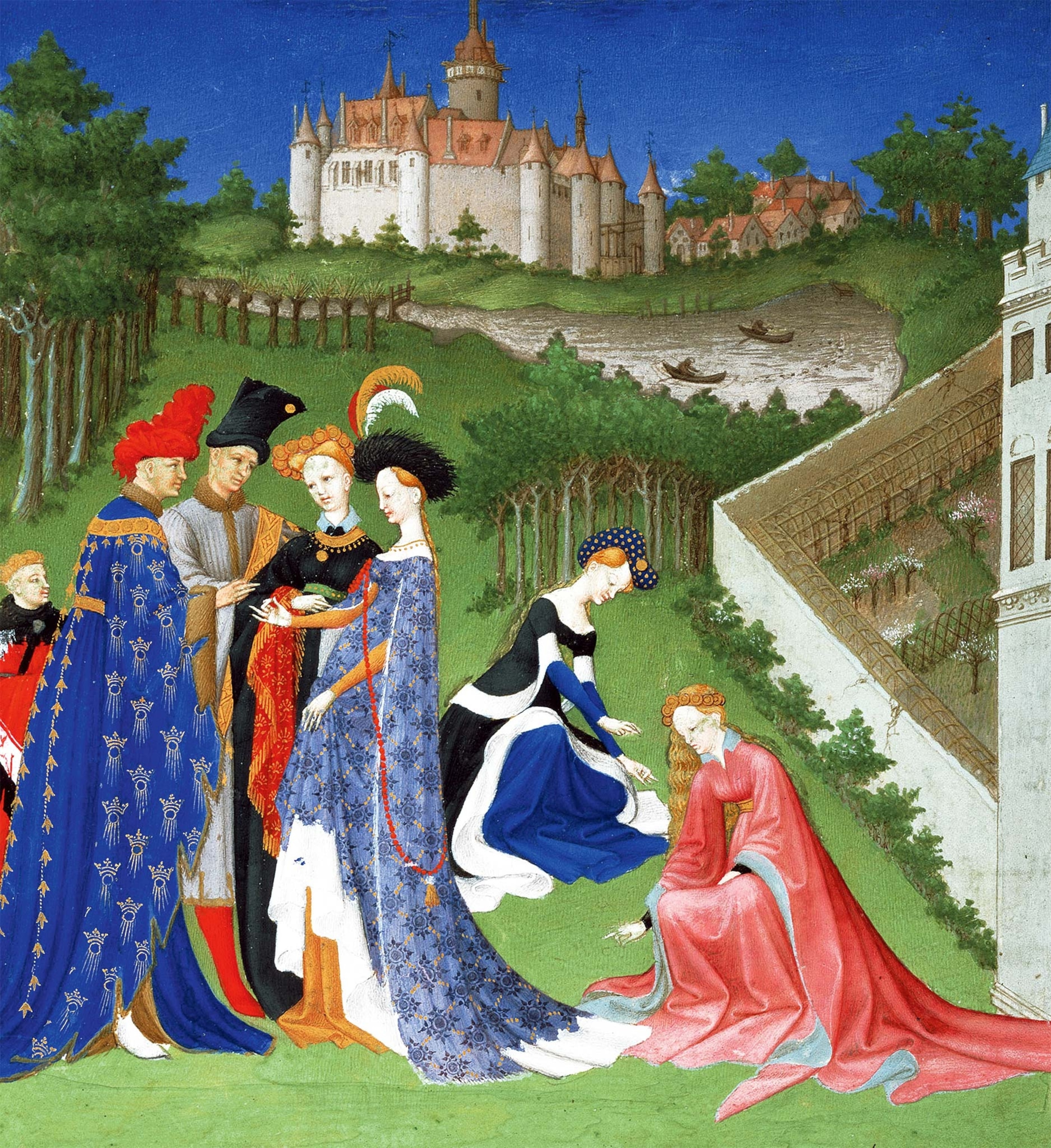 Richly attired French nobles exchange rings in Très Riches Heures du Duc de Berry, an early 15th-century illuminated manuscript.