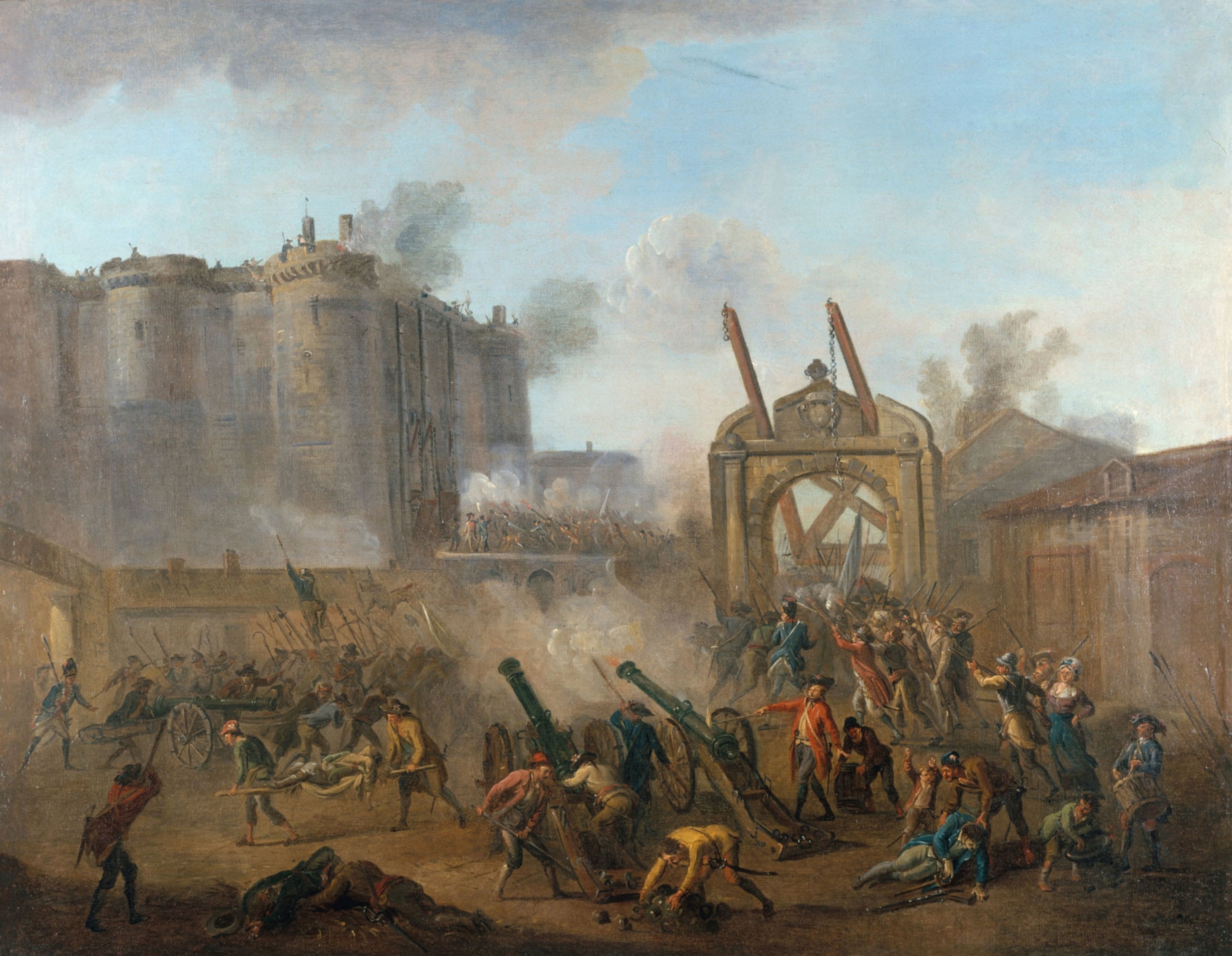 A painting of french revolutionaries with cannons attacking a stone fortress