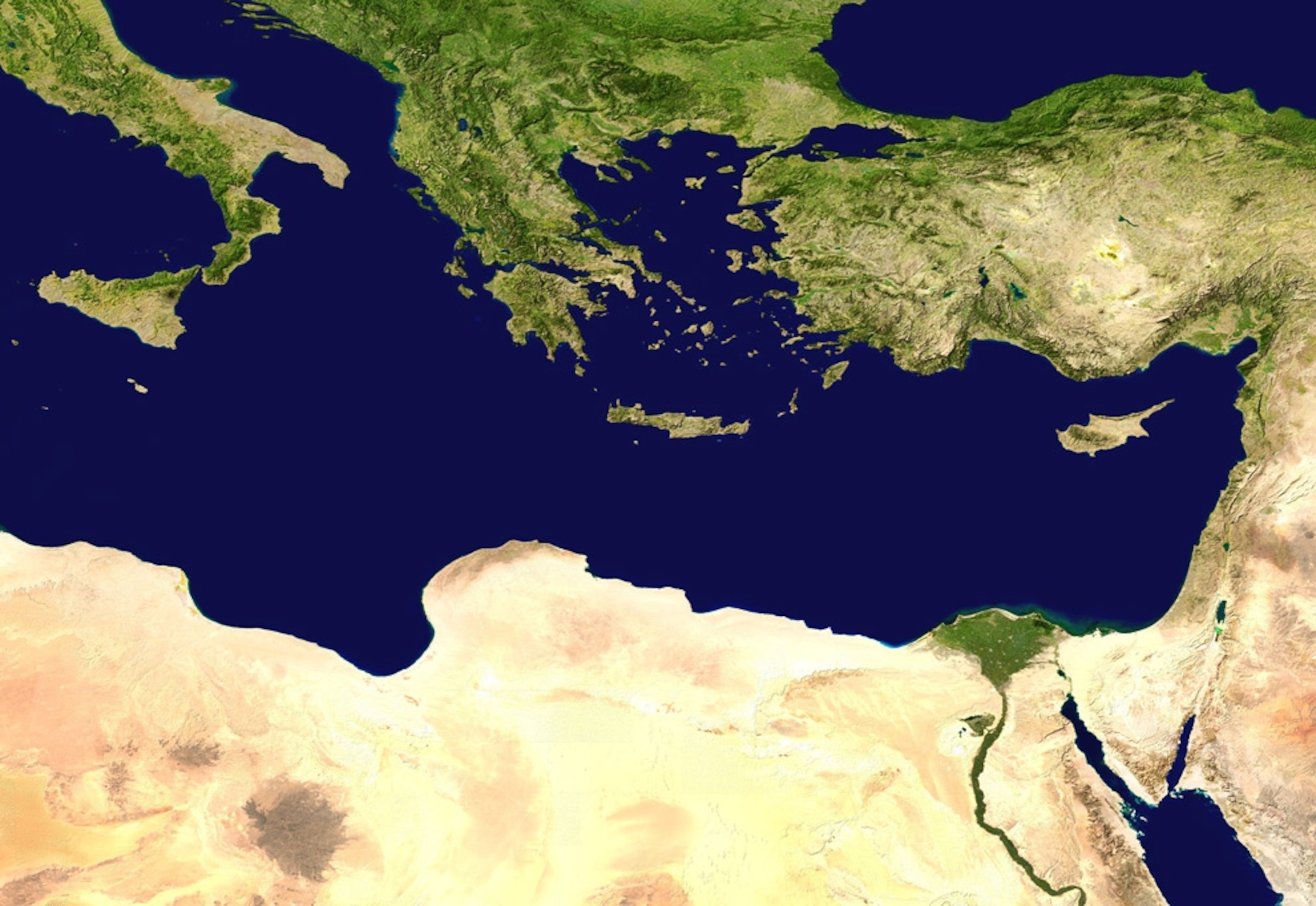 A composite satellite image of the Mediterranean Sea is shown, with Crete in the center.
