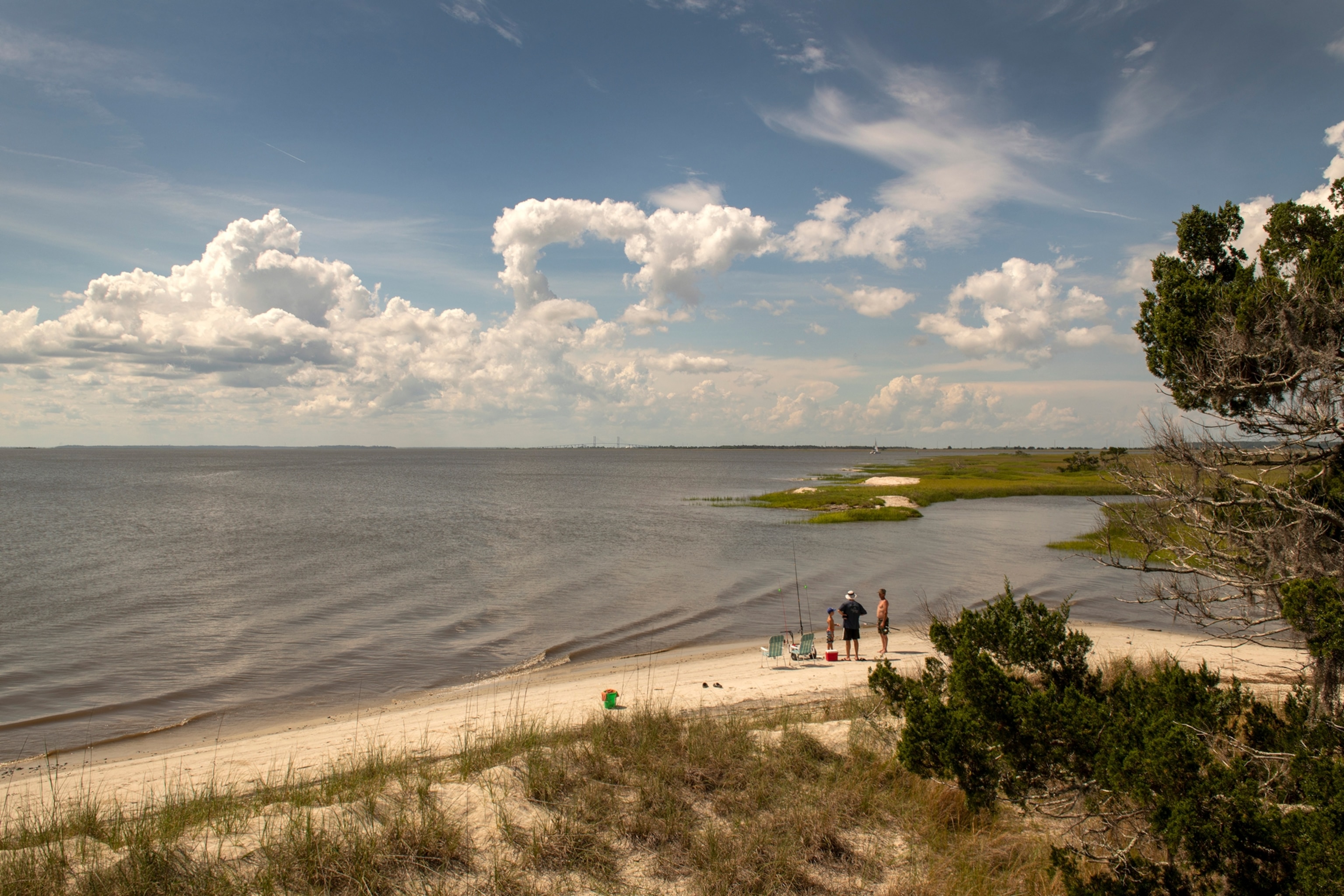an empty beach with dunes and one family