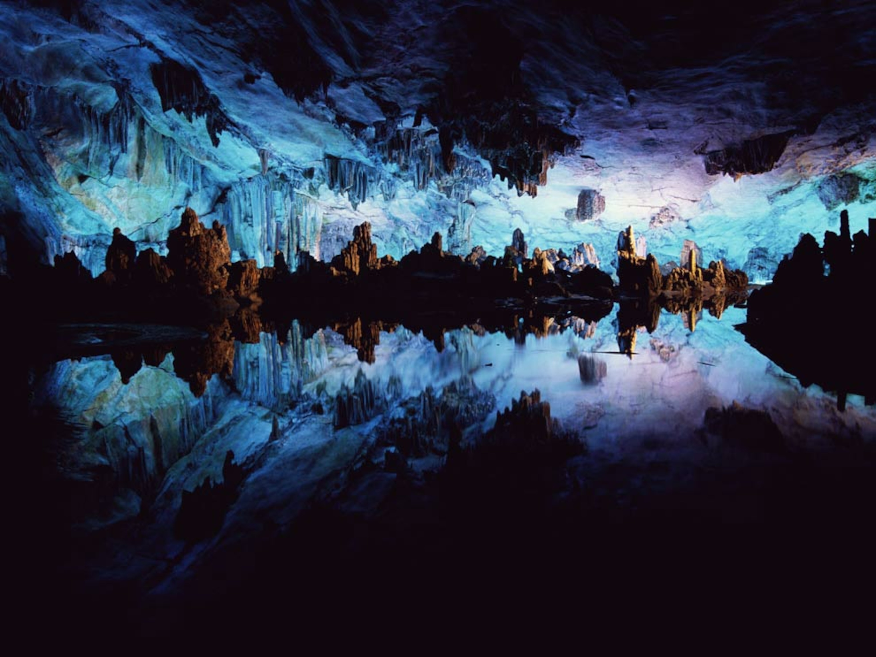 China's Reed Flute Cave in blue light