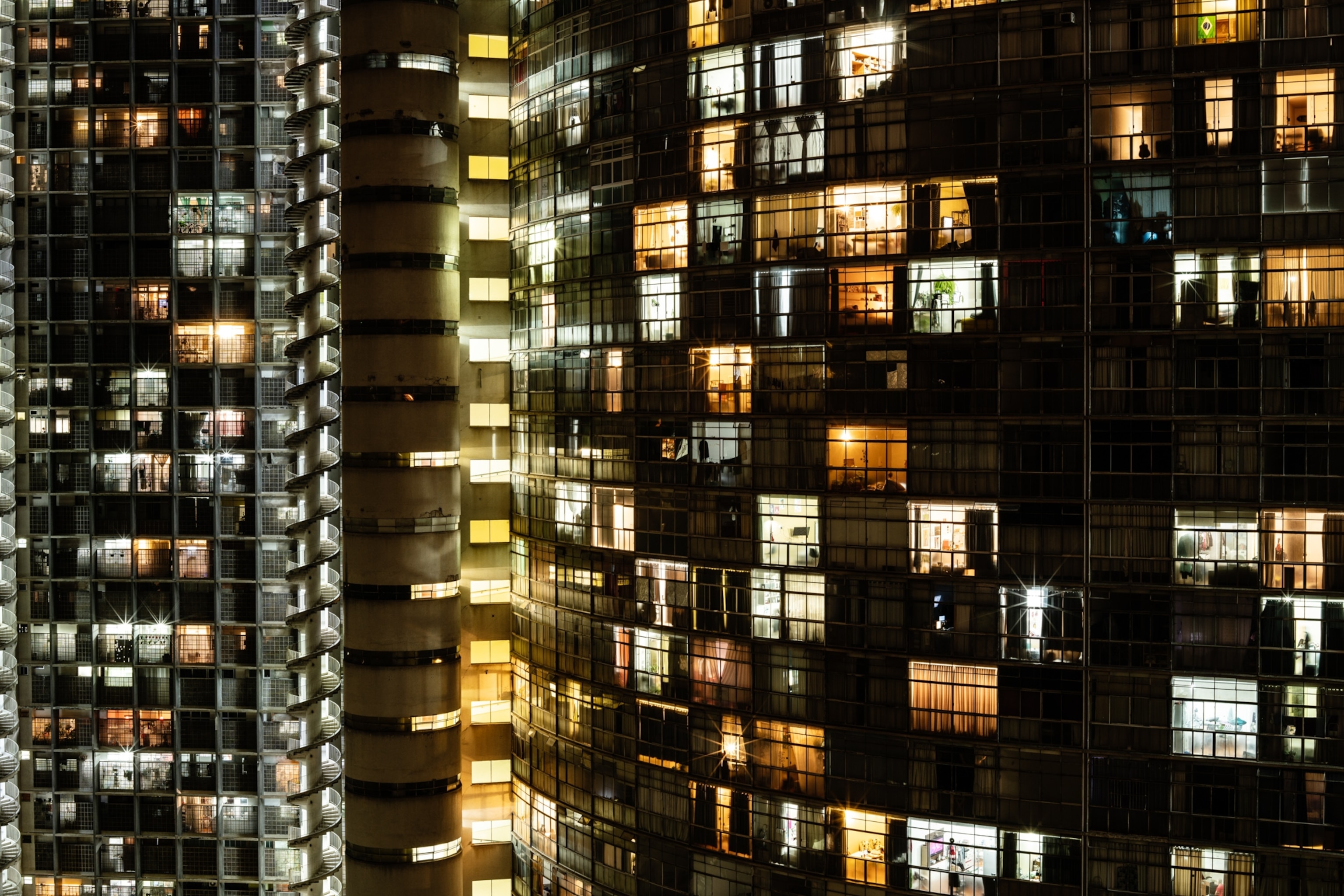 a lit building at night