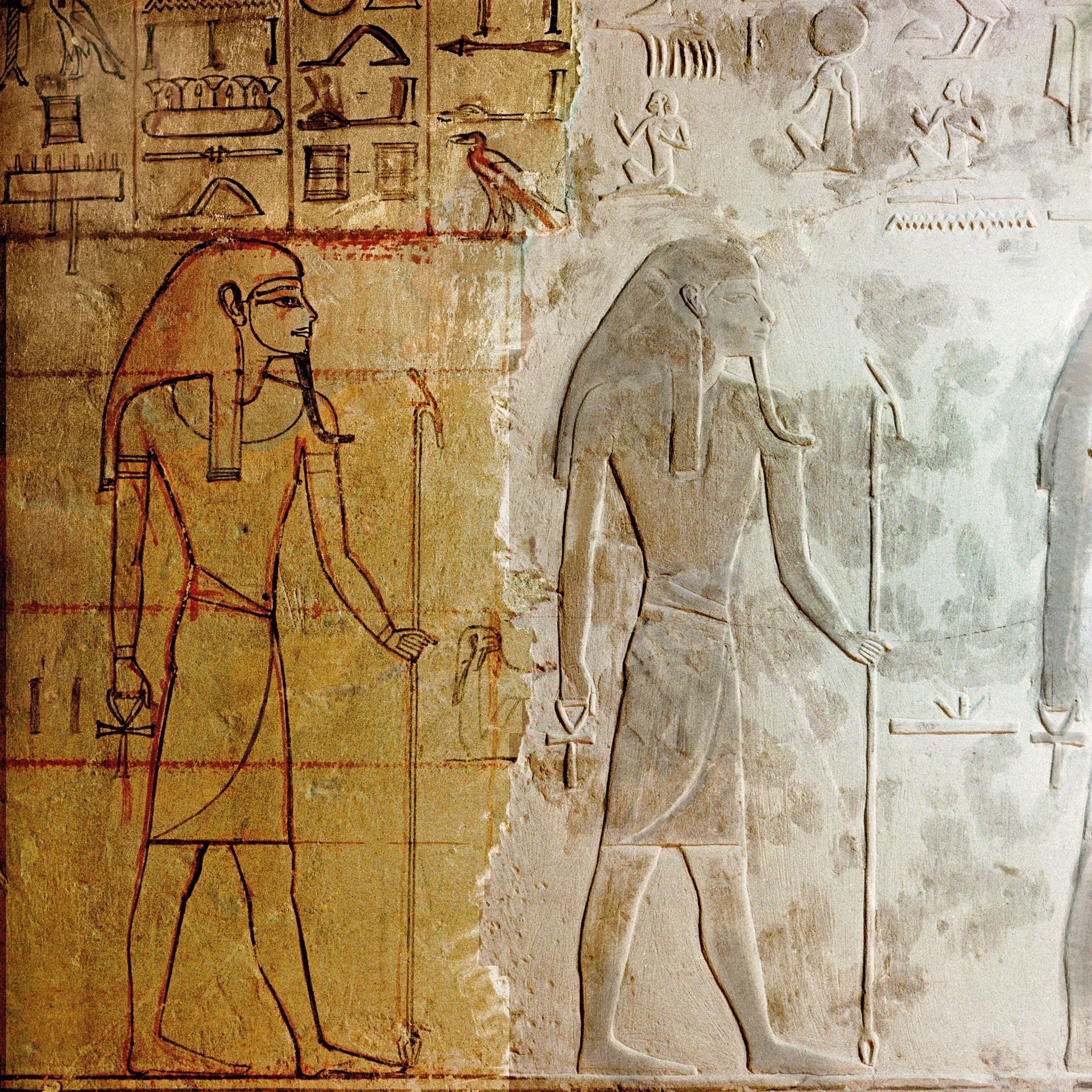 a stone relief of two pharaohs