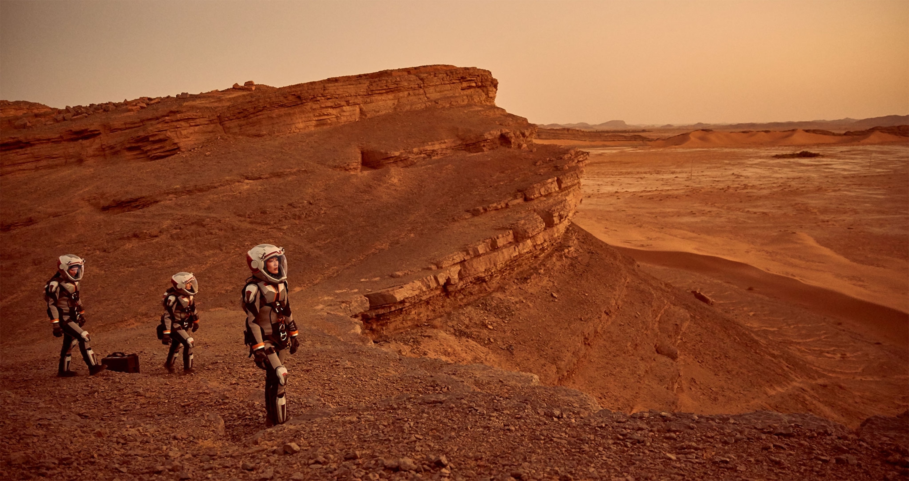 a simulation of people walking on Mars