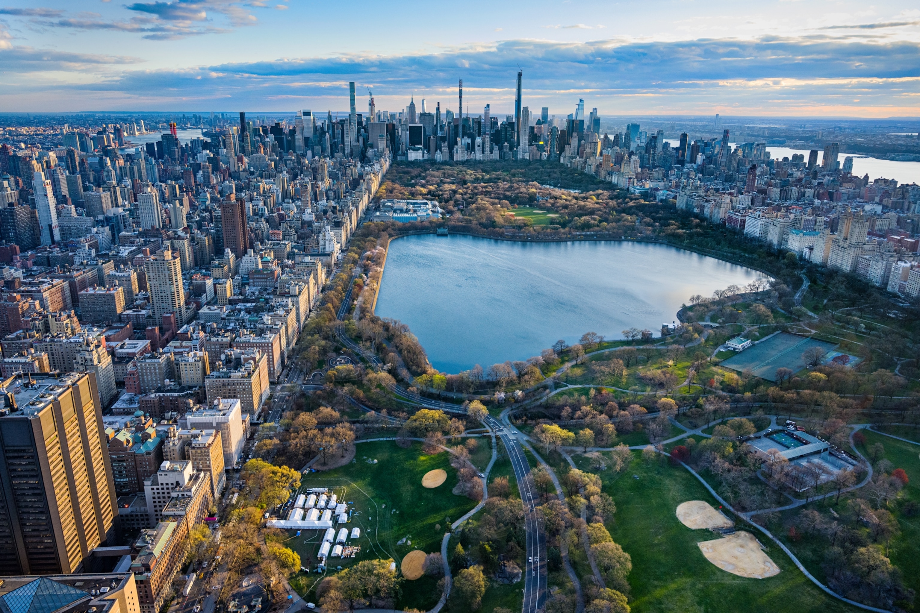 Aerial view Central Park in NYC with white tents of a field hospital for COVID-19 patients.