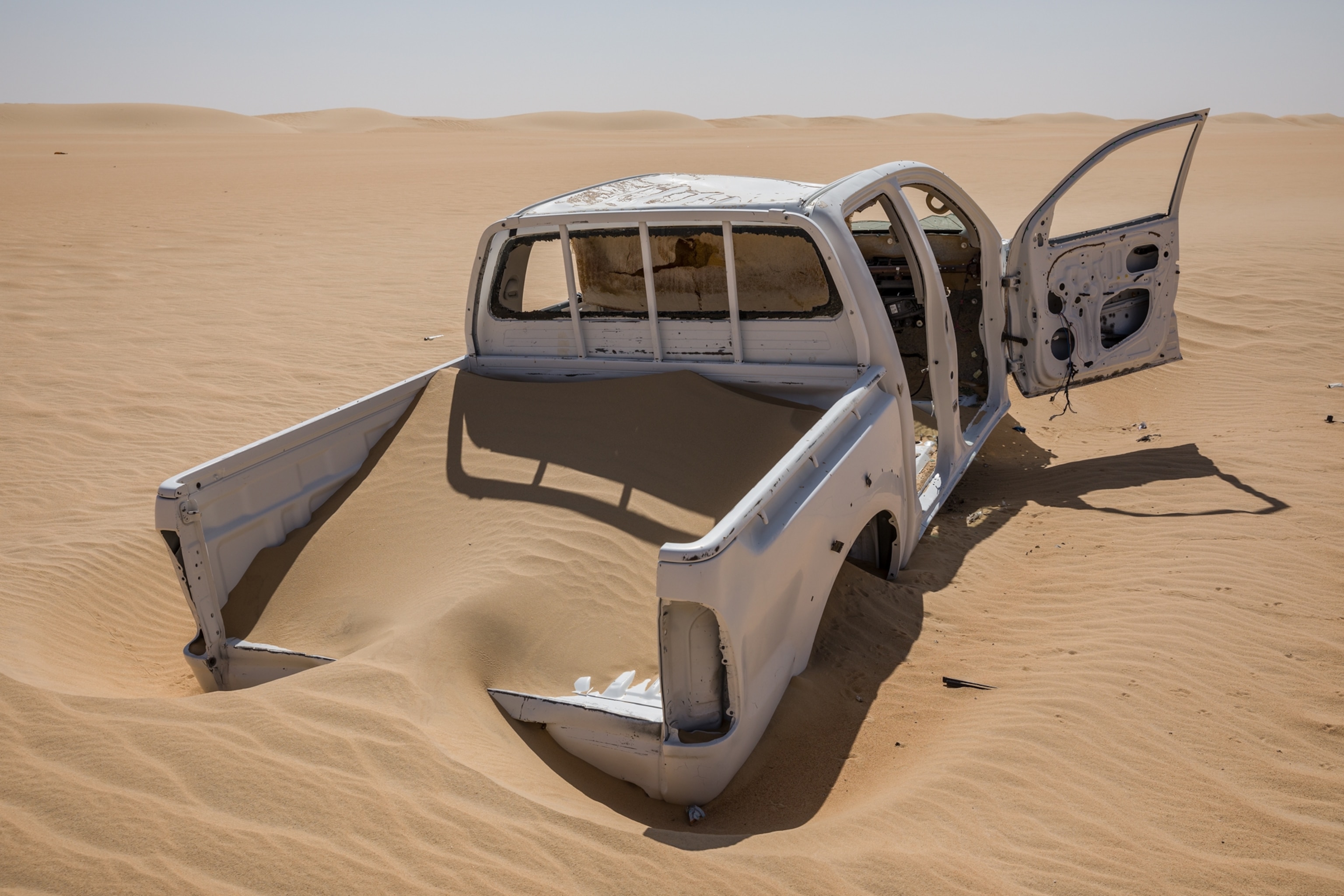 an abandoned white truck engulfed with sand