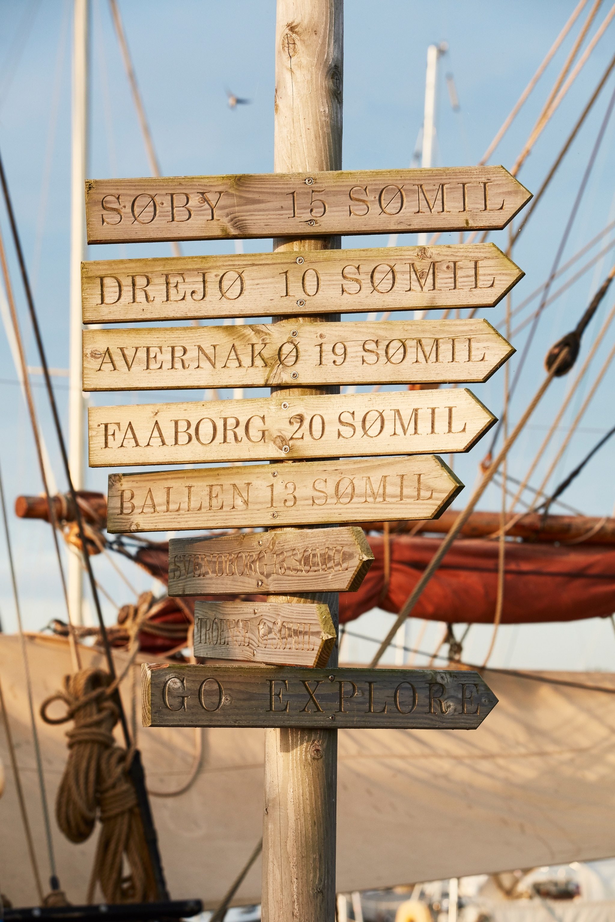wooden port sign with distances on them