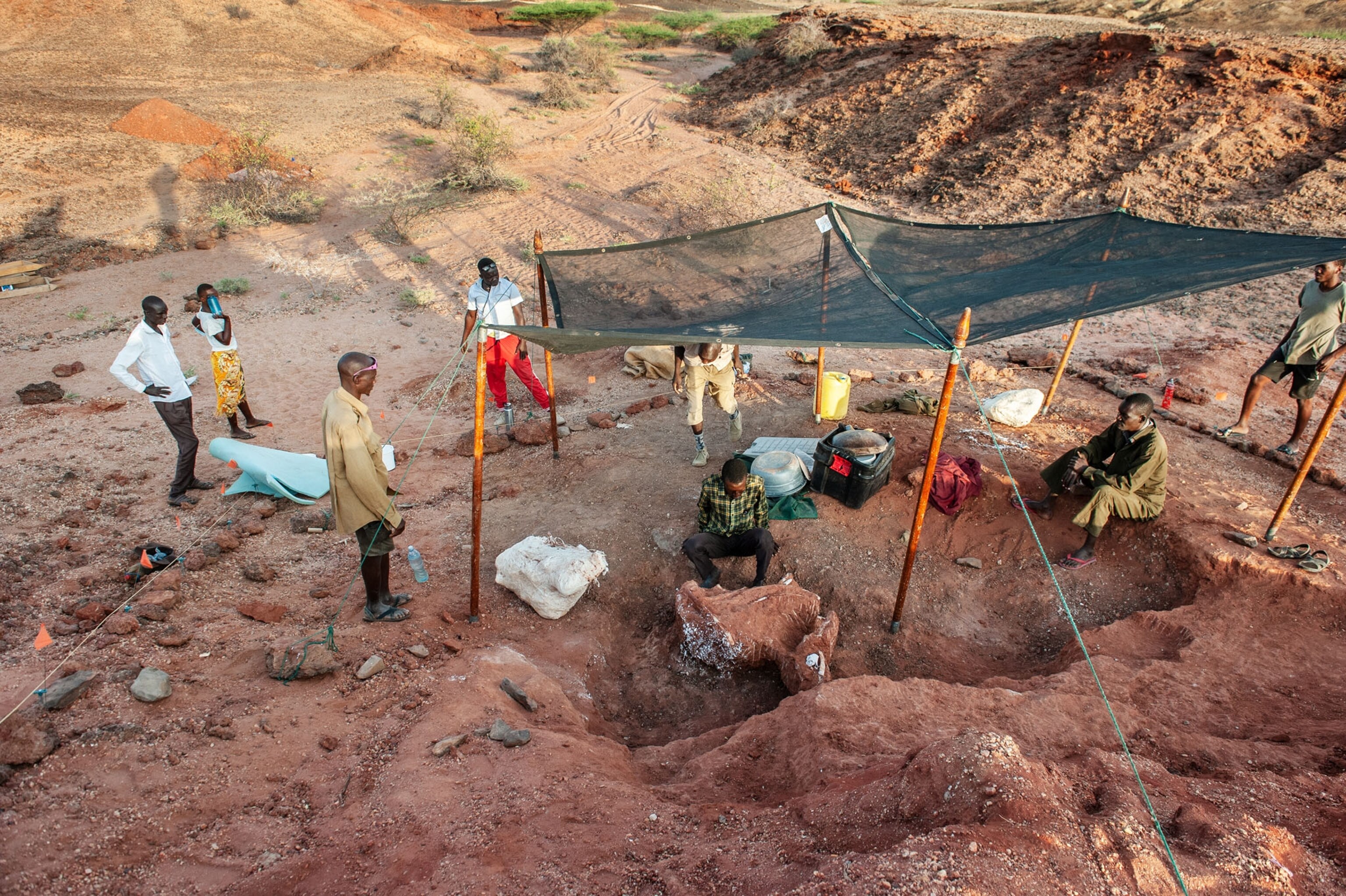 Picture of people at a dig site, shaded by a tarp