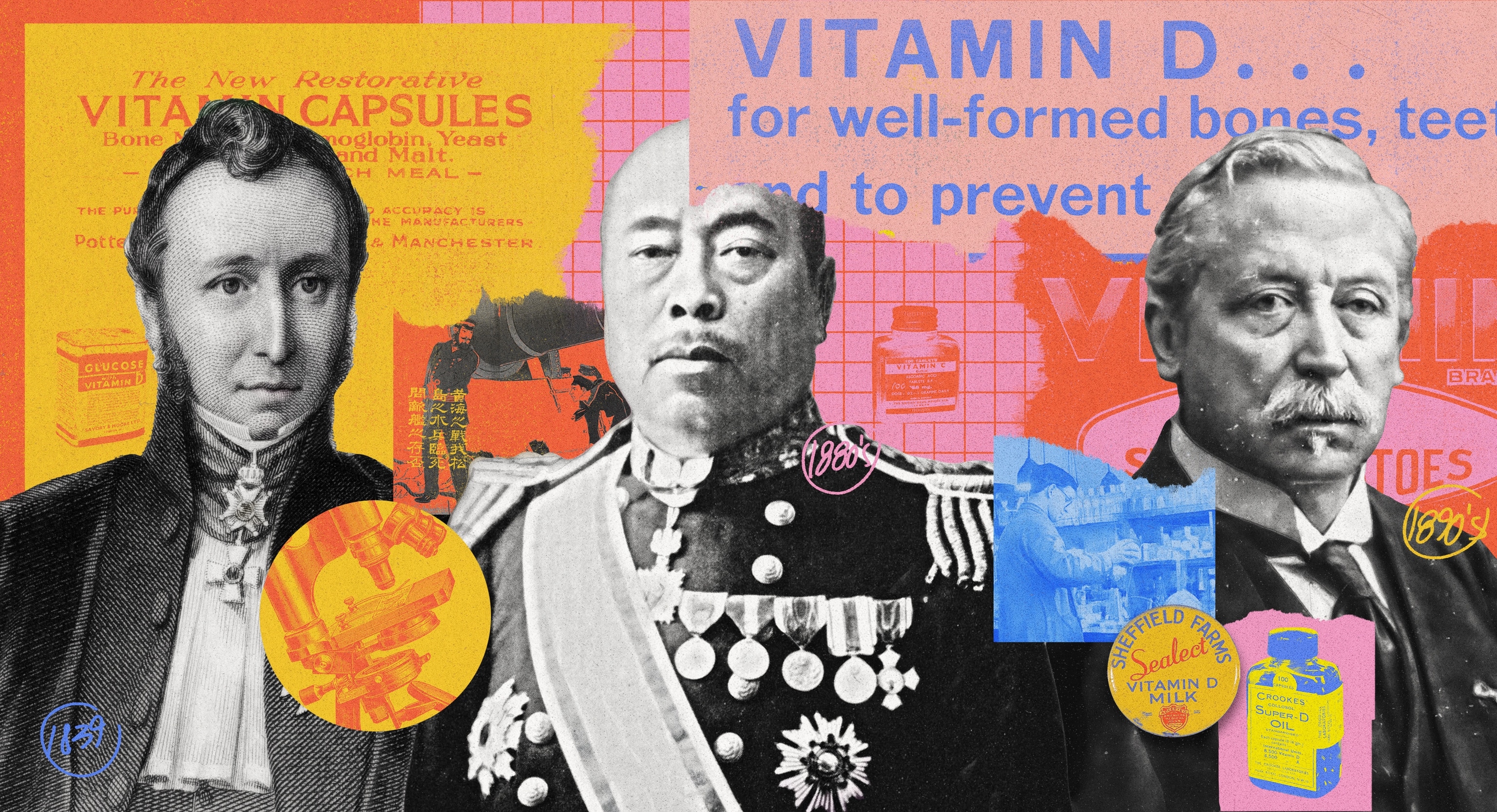 Collage of small pictures of many pharmaceutical product with three dominating portraits of men.