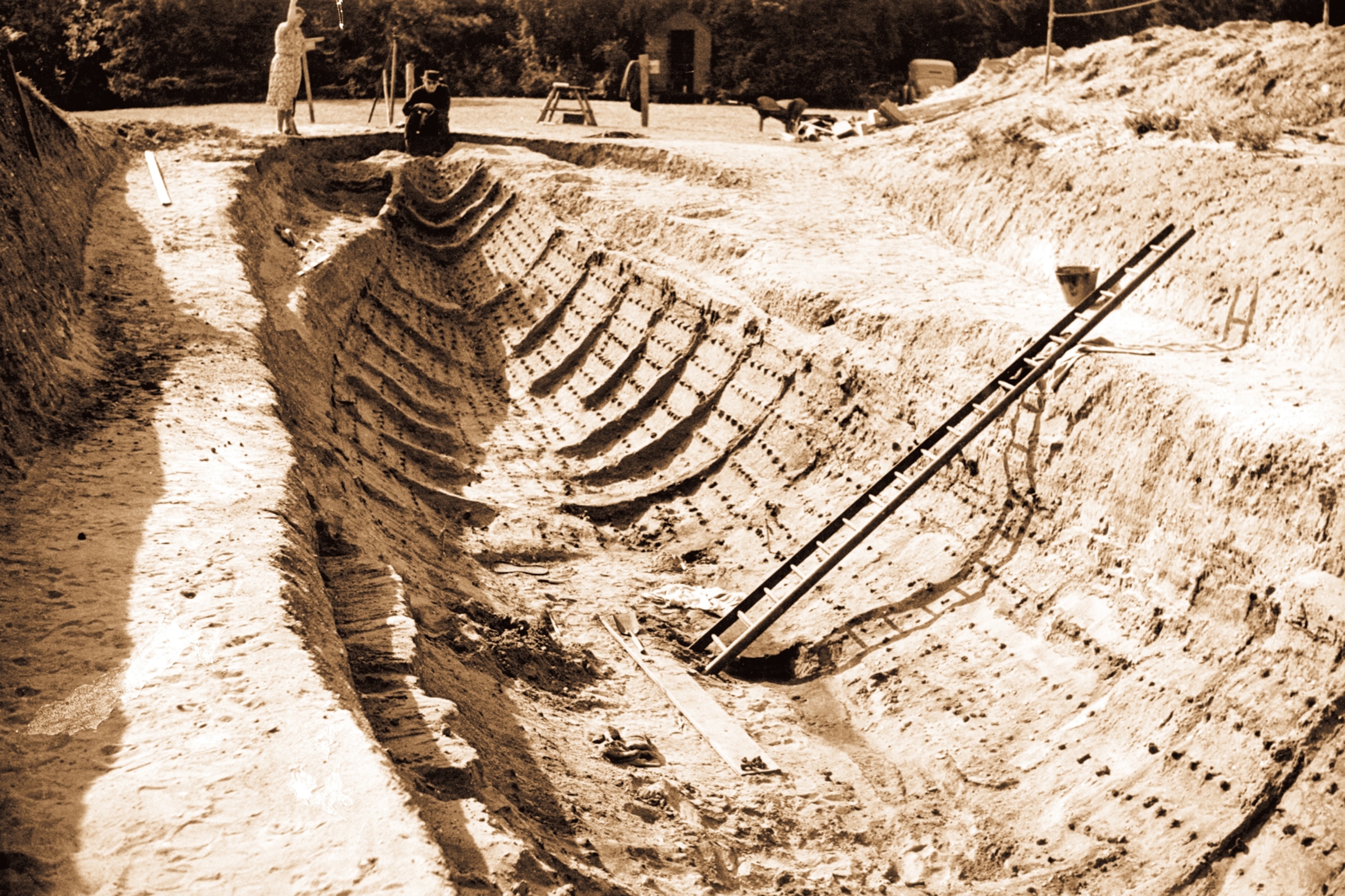 the imprint of an 80-foot-long boat burial uncovered in 1939