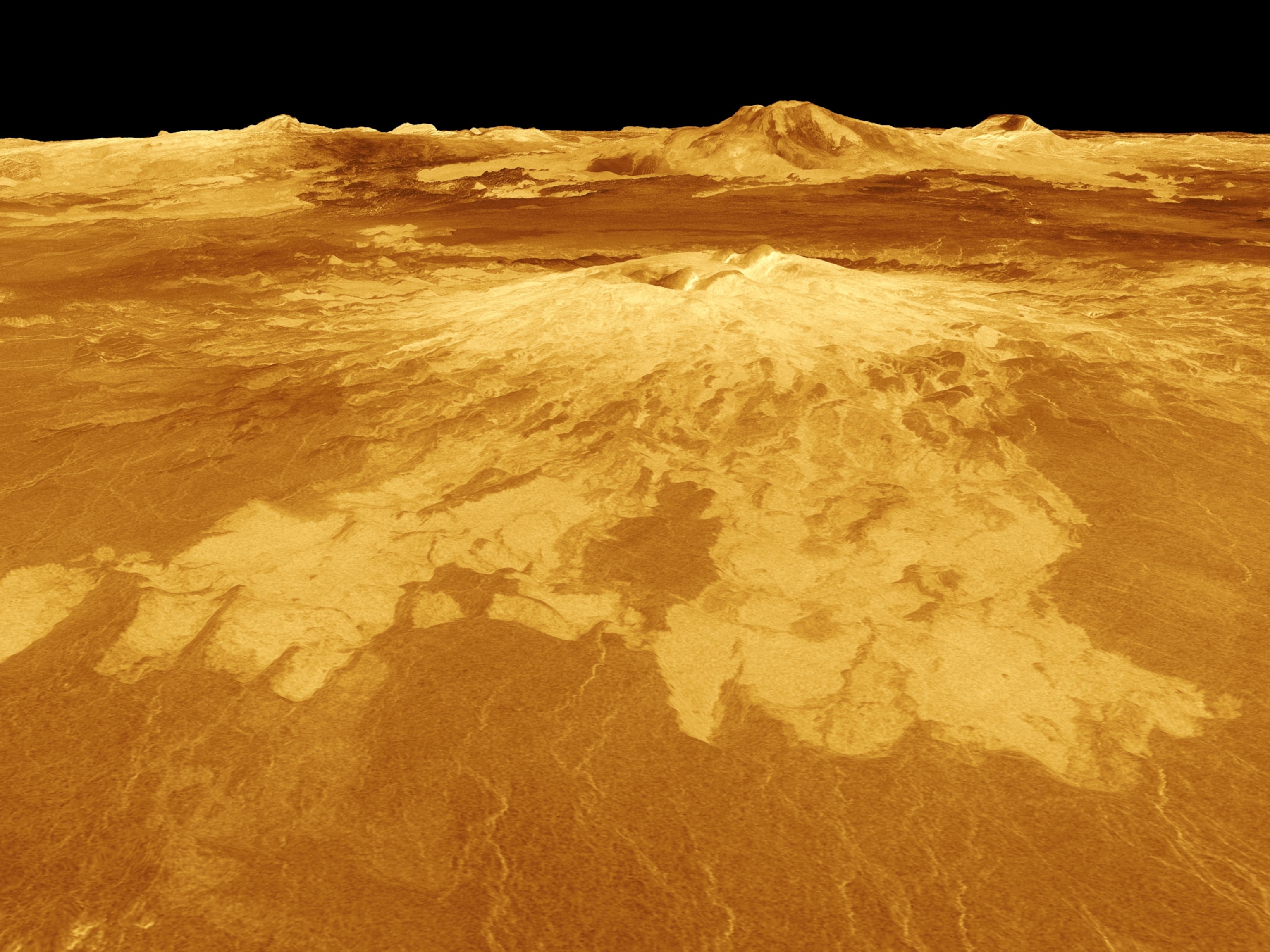 This computer-generated image of Sapas Mons, a large volcano in the Atla Regio region of Venus, was created using radar data from the Magellan spacecraft.