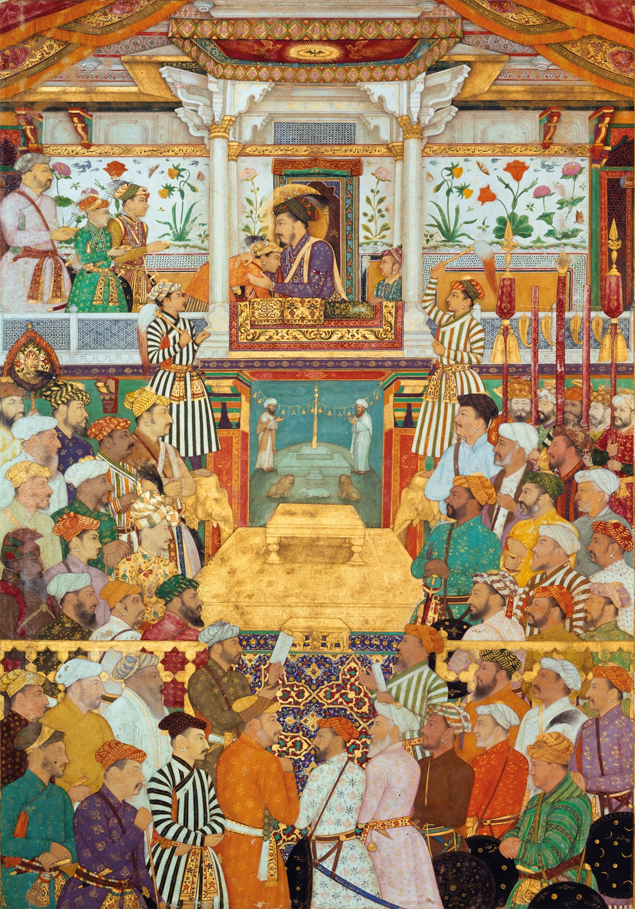 Shah Jahan's accession is shown in a 17th-century illustration from the chronicle of his reign, the Padshahnama.