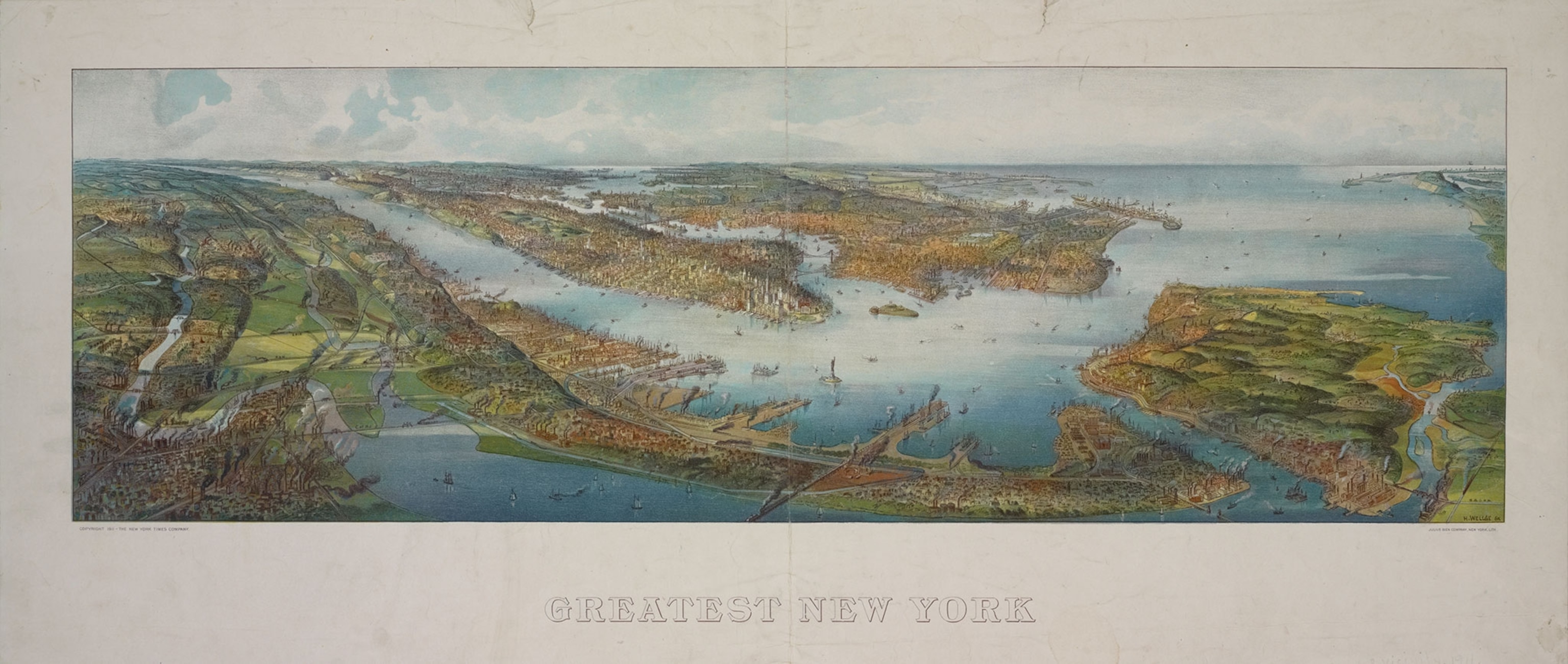 a panoramic view of New York on a map